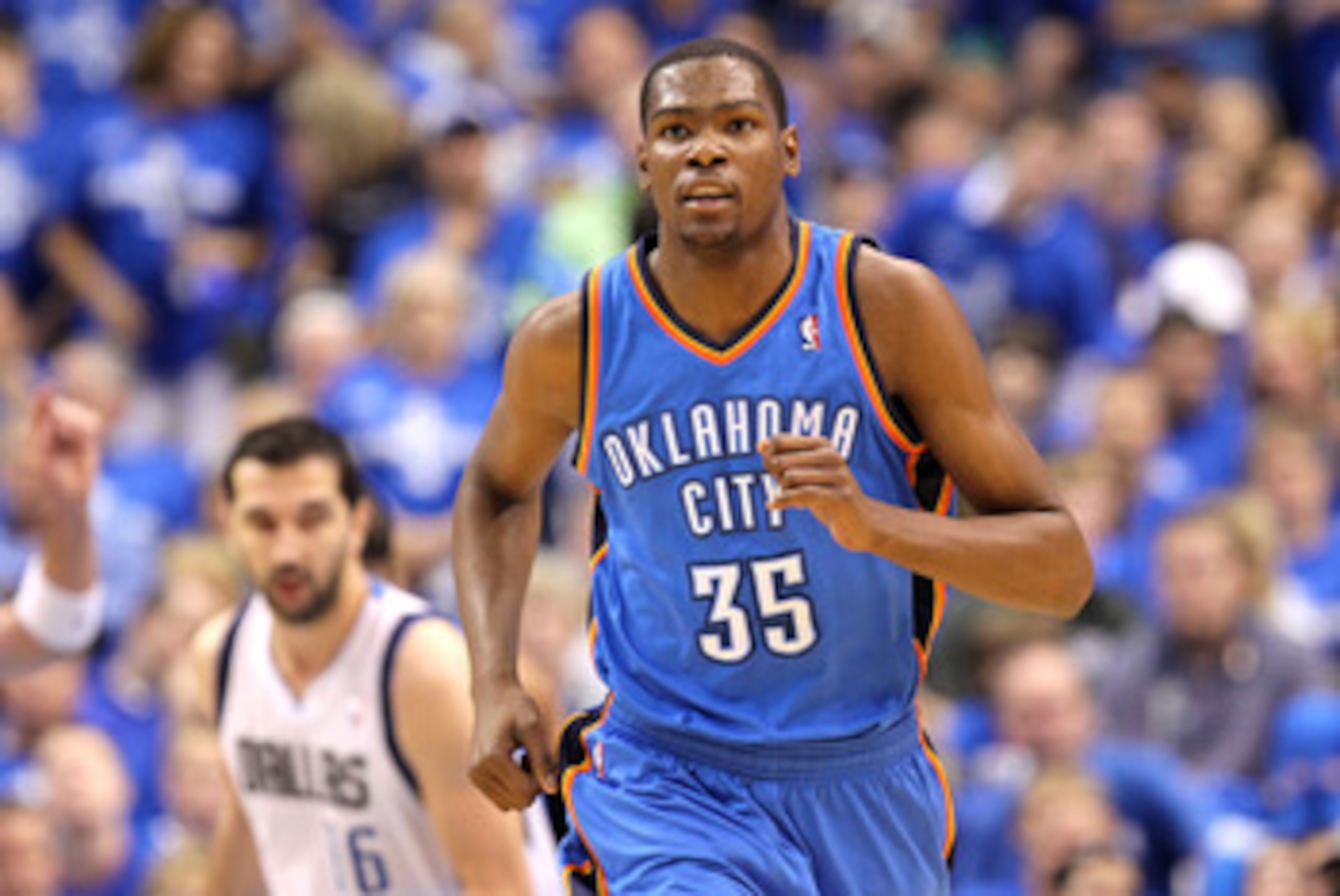 DALLAS, TX - MAY 25:  Kevin Durant #35 of the Oklahoma City Thunder runs back down court while taking on the Dallas Mavericks in the first quarter in Game Five of the Western Conference Finals during the 2011 NBA Playoffs at American Airlines Center on Ma
