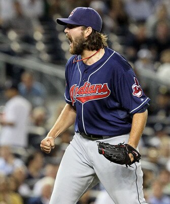 NEW YORK, NY - JUNE 13:  Chris Perez #54 of the Cleveland Indians celebrates getting the final out of the game against the New York Yankees on June 13, 2011 at Yankee Stadium in the Bronx borough of New York City. Cleveland defeated the Yankees 1-0.  (Pho