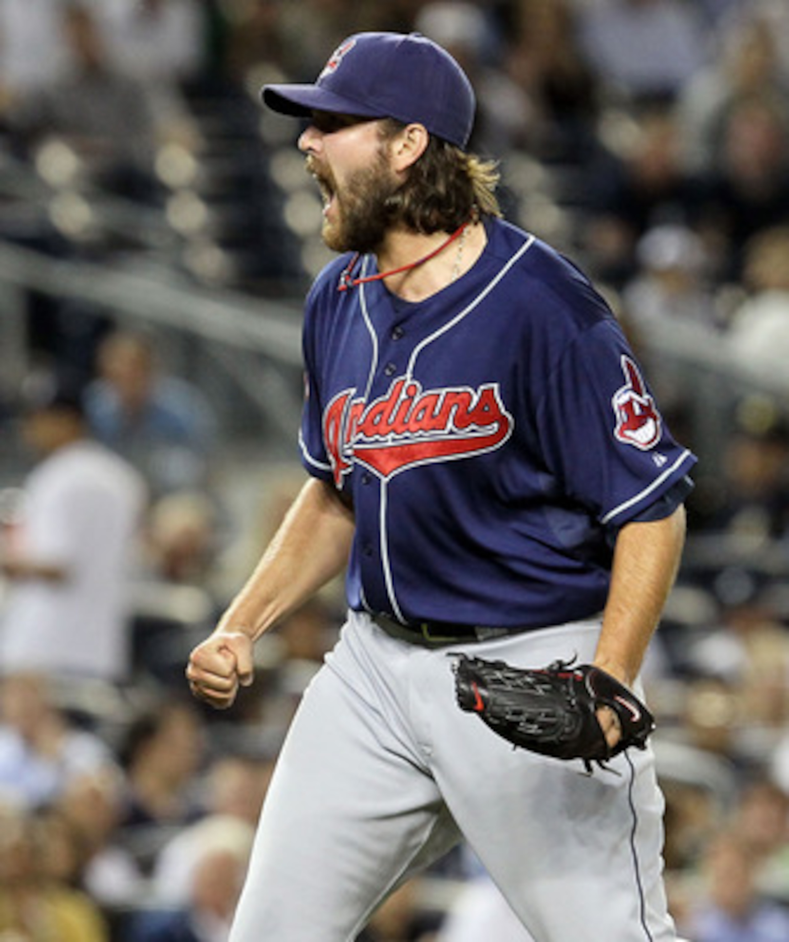 NEW YORK, NY - JUNE 13:  Chris Perez #54 of the Cleveland Indians celebrates getting the final out of the game against the New York Yankees on June 13, 2011 at Yankee Stadium in the Bronx borough of New York City. Cleveland defeated the Yankees 1-0.  (Pho
