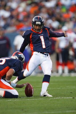 DENVER - AUGUST 27:  Jason Elam #1 of the Denver Broncos kicks a field goal attempt against the Houston Texans during their preseason NFL game at Invesco Field at Mile High on August 27, 2006 in Denver, Colorado.  The Broncos defeated the Texans 17-14. (P