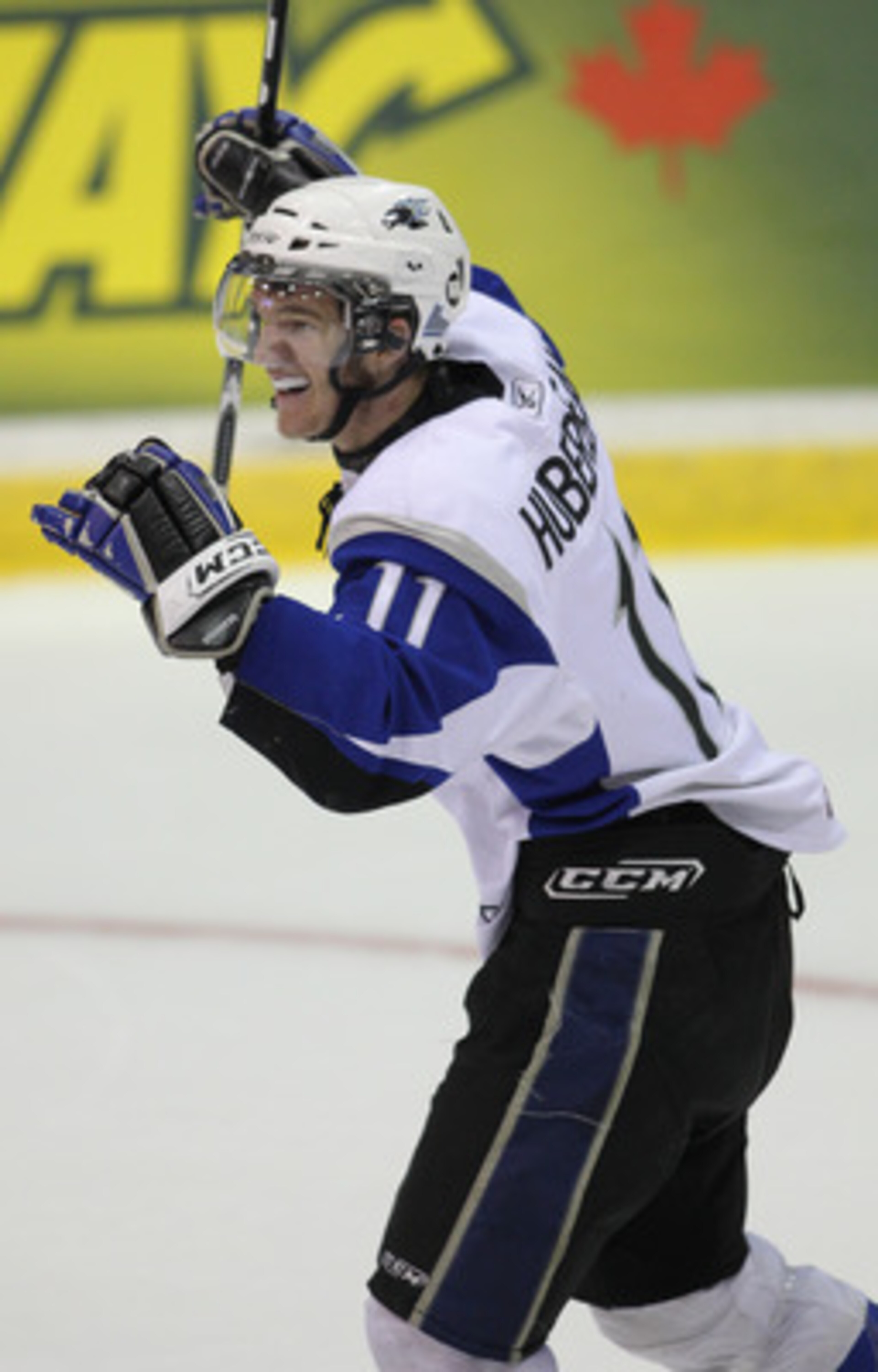 MISSISSAUGA, CANADA - MAY 20:  Jonathan Huberdeau #11 of the Saint John Sea Dogs celebrates his goal in the opening game of the 2011 Mastercard Memorial Cup against the Mississauga St. Michael's Majors in Mississauga, Canada. (Photo by Claus Andersen/Gett