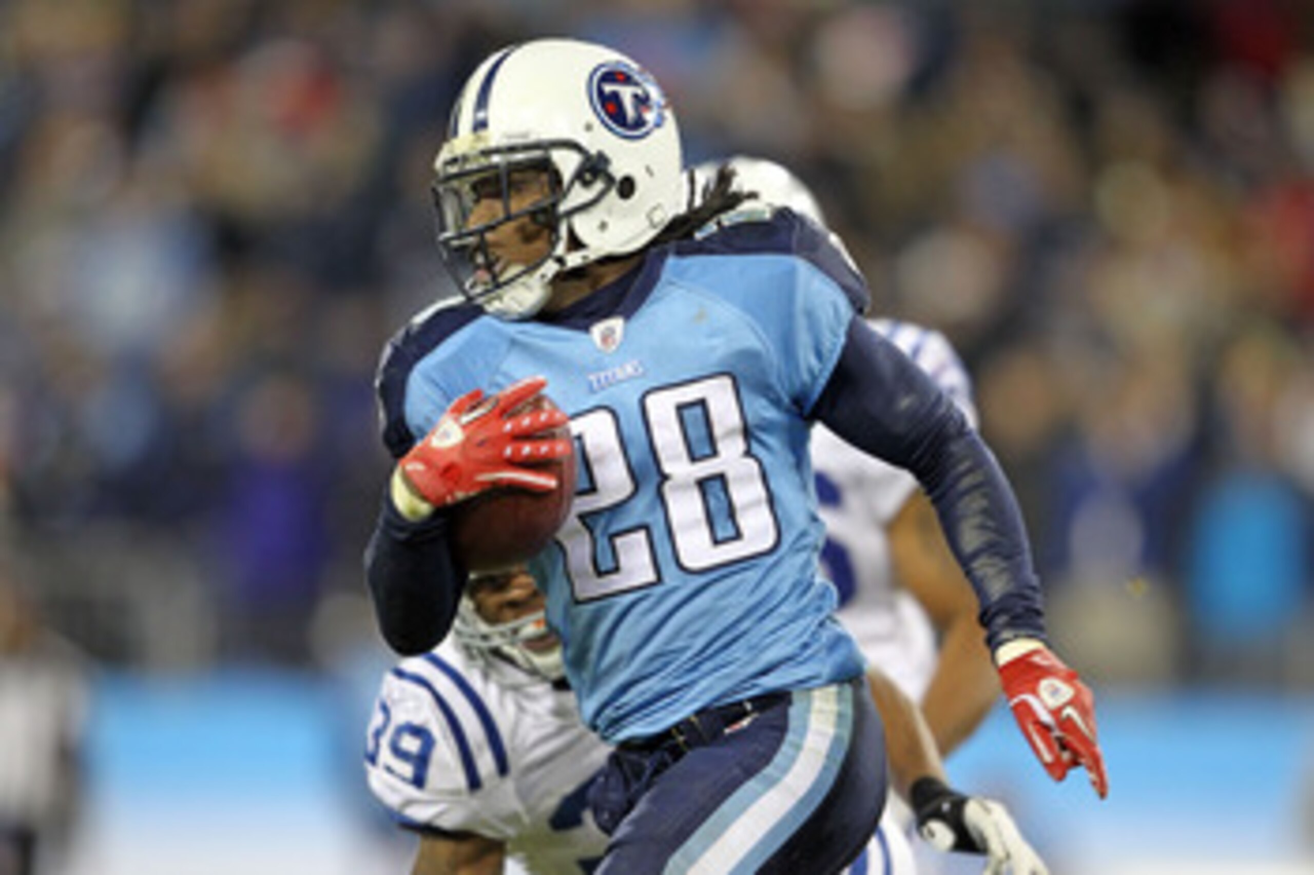 NASHVILLE, TN - DECEMBER 09:  Chris Johnson #28 of the Tennessee Titans runs with the ball against the Indianapolis Colts during the NFL game at LP Field on December 9, 2010 in Nashville, Tennessee.  (Photo by Andy Lyons/Getty Images)