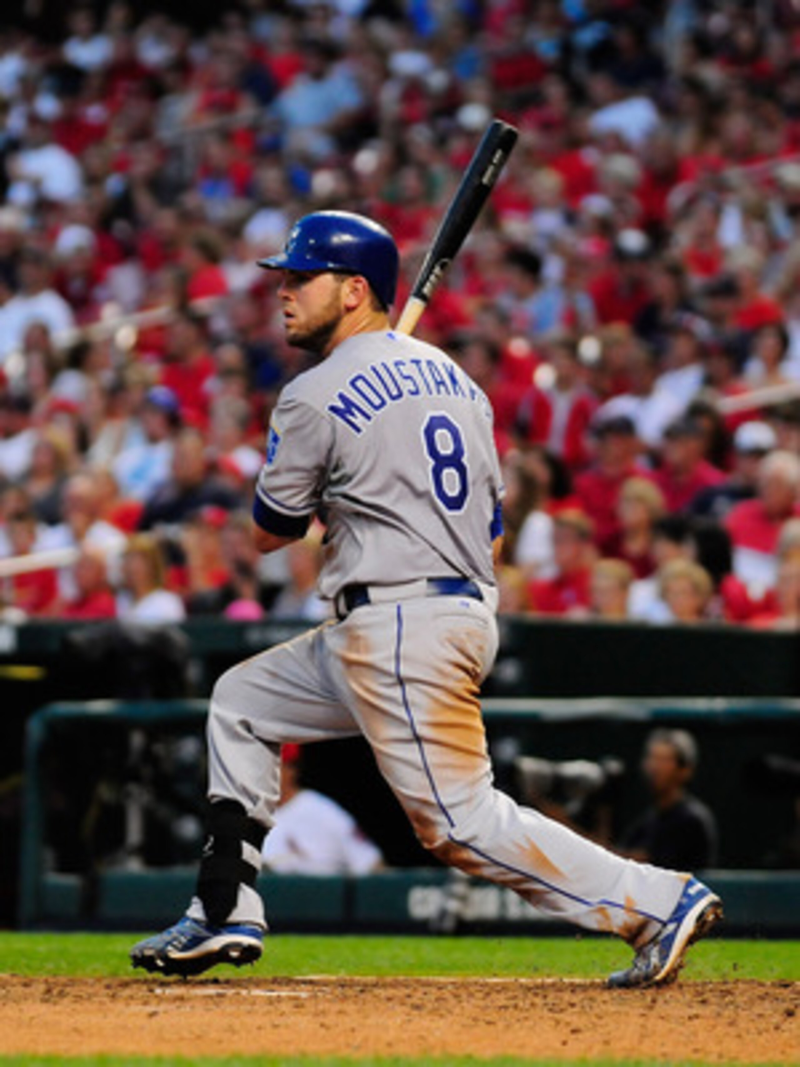 ST. LOUIS, MO - JUNE 18: Mike Moustakas #8 of the Kansas City Royals follows through on a base hit against the St. Louis Cardinals at Busch Stadium on June 18, 2011 in St. Louis, Missouri. (Photo by Jeff Curry/Getty Images) ST. LOUIS, MO - JUNE 18: Mike Moustakas #8 of the Kansas City Royals follows through on a base hit against the St. Louis Cardinals at Busch Stadium on June 18, 2011 in St. Louis, Missouri. (Photo by Jeff Curry/Getty Images)