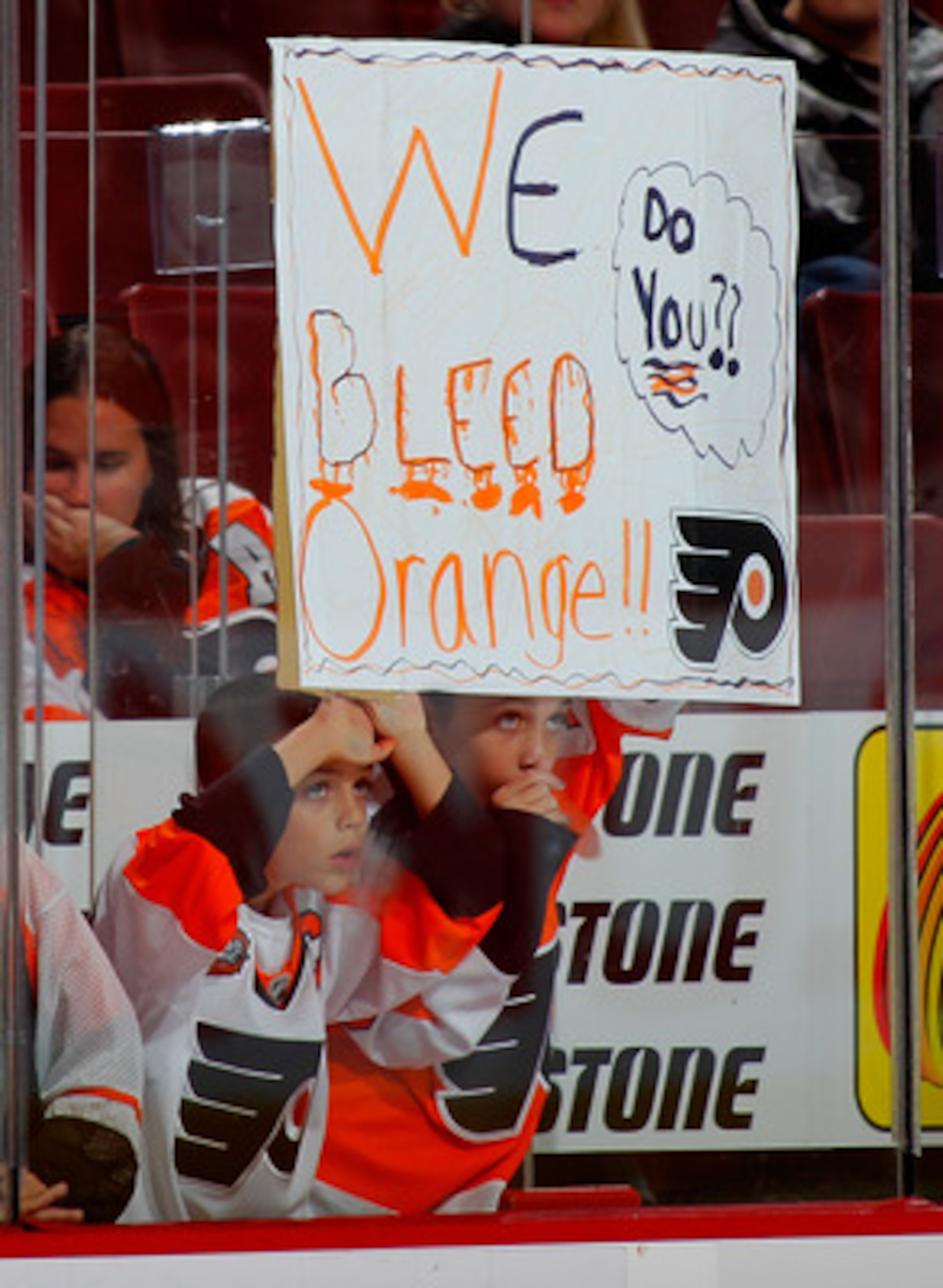 PHILADELPHIA - OCTOBER 23: Philadelphia Flyers fans holding a sign during warmups before a hockey game against the Toronto Maple Leafs at the Wells Fargo Center on October 23, 2010 in Philadelphia, Pennsylvania.  (Photo by Paul Bereswill/Getty Images)
