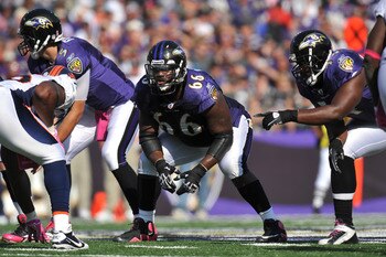 BALTIMORE, MD - OCTOBER 10: Ben Grubbs #66 of the Baltimore Ravens defends against the Denver Broncos at M&T Bank Stadium on October 10, 2010 in Baltimore, Maryland. Players wore pink in recognition of Breast Cancer Awareness Month. The Ravens defeated th
