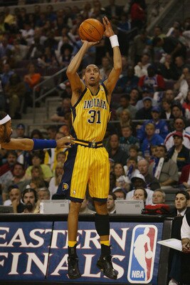 AUBURN HILLS, MI - MAY 28:  Portrait of Reggie Miller #31 of the Indiana Pacers shoots over Rasheed Wallace #30 of the Detroit Pistons in Game four of the Eastern Conference Finals during the 2004 NBA Playoffs at The Palace of Auburn Hills on May 28, 2004