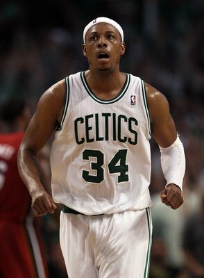 BOSTON, MA - MAY 07:  Paul Pierce #34 of the Boston Celtics celebrates a shot in the second half against the Miami Heat in Game Three of the Eastern Conference Semifinals in the 2011 NBA Playoffs on May 7, 2011 at the TD Garden in Boston, Massachusetts.