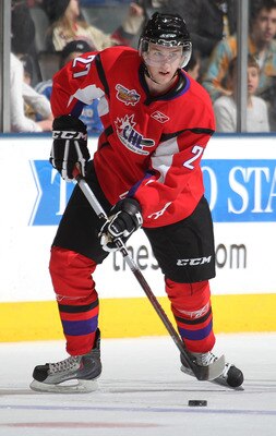 TORONTO, CAN - JANUARY 19:  Joe Morrow #27 of Team Cherry skates with the puck in a game against Team Orr in the 2011 Home Hardware Top Prospects game on January 19, 2011 at the Air Canada Centre in Toronto, Canada. Team Orr defeated Team Cherry 7-1. (Pho