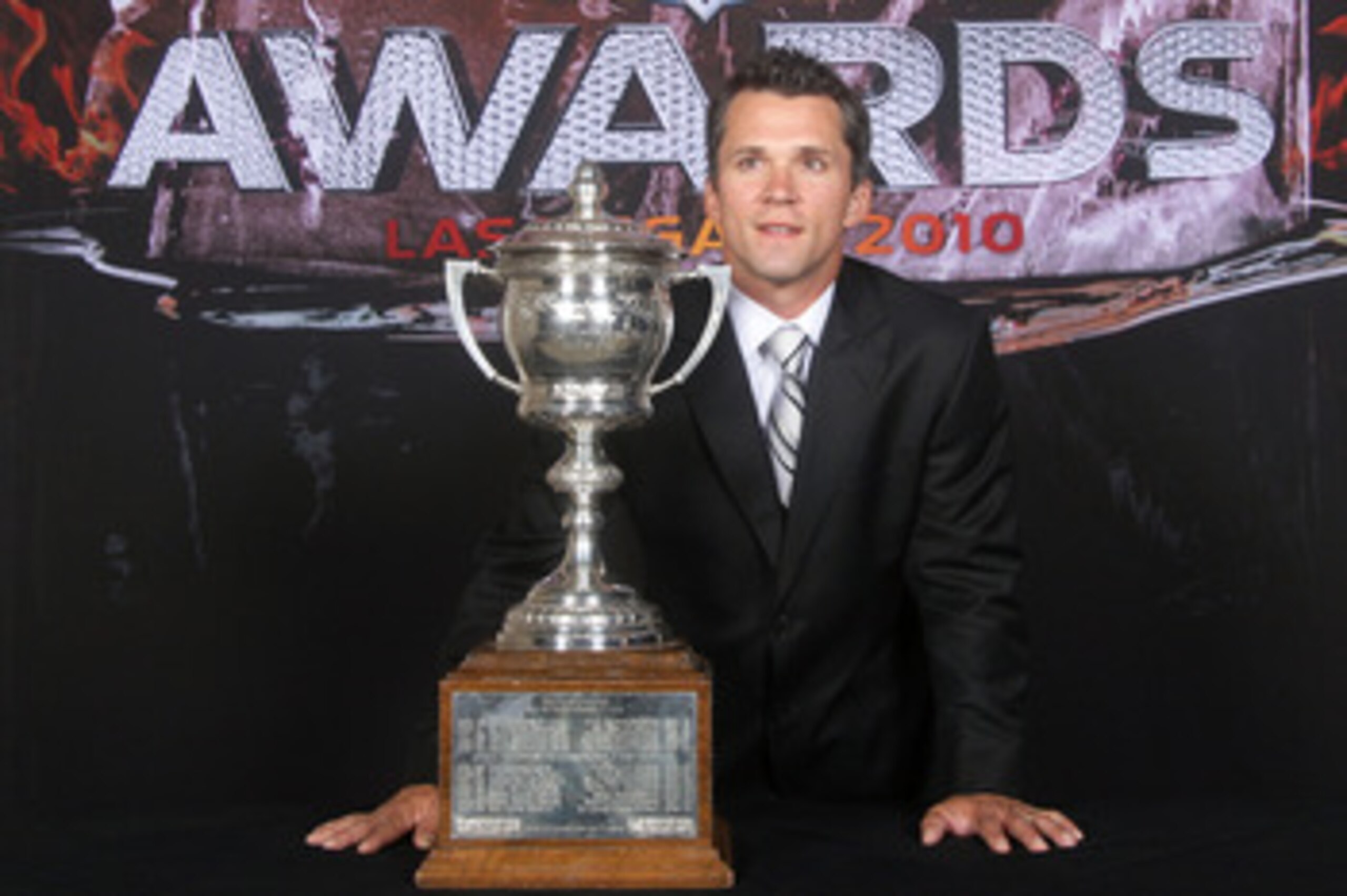 LAS VEGAS - JUNE 23:  Martin St. Louis of the Tampa Bay Lightning poses for a portrait with the Lady Byng Memorial Trophy during the 2010 NHL Awards at the Palms Casino Resort on June 23, 2010 in Las Vegas, Nevada.  (Photo by Bruce Bennett/Getty Images)