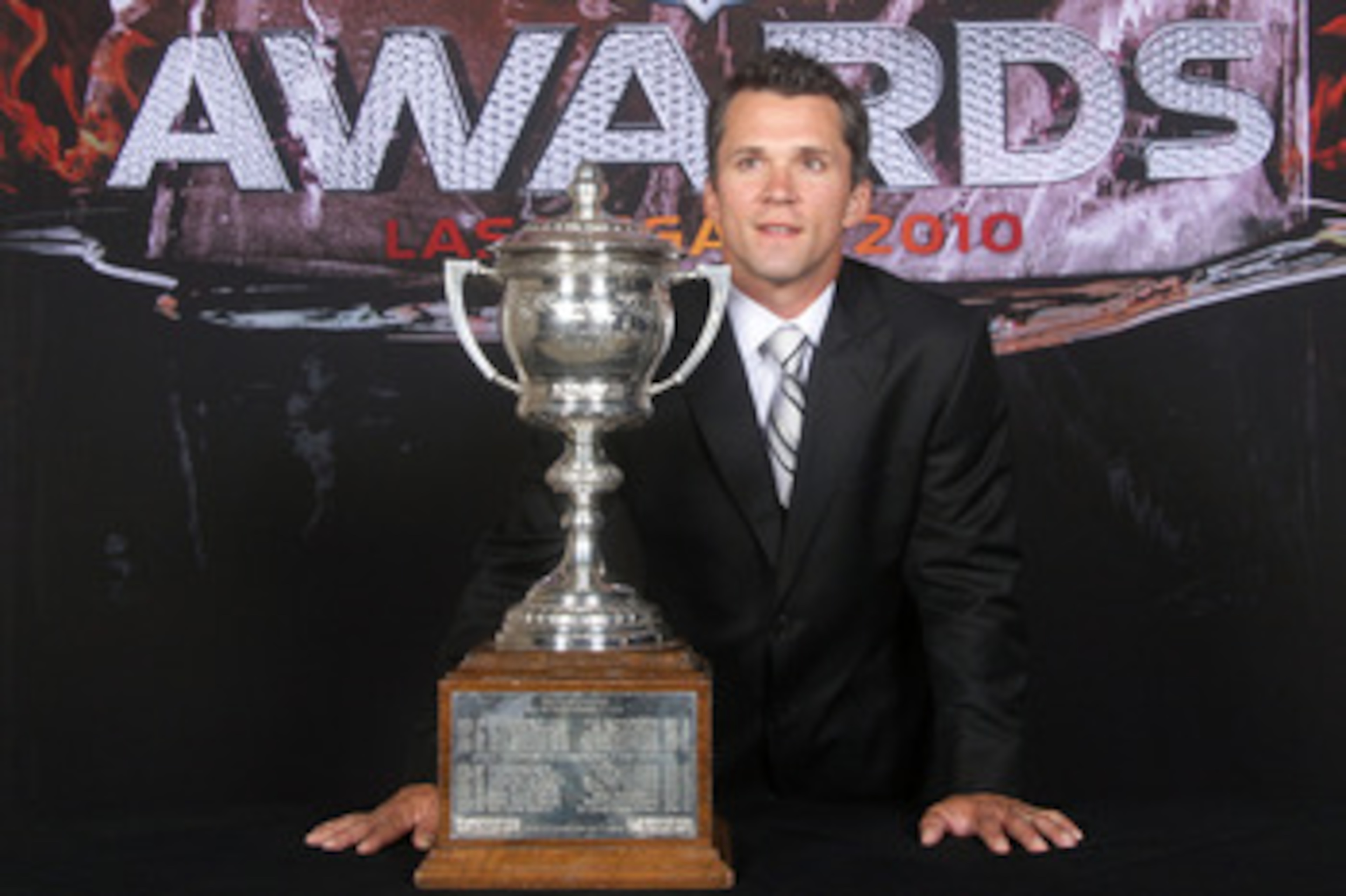 LAS VEGAS - JUNE 23:  Martin St. Louis of the Tampa Bay Lightning poses for a portrait with the Lady Byng Memorial Trophy during the 2010 NHL Awards at the Palms Casino Resort on June 23, 2010 in Las Vegas, Nevada.  (Photo by Bruce Bennett/Getty Images)