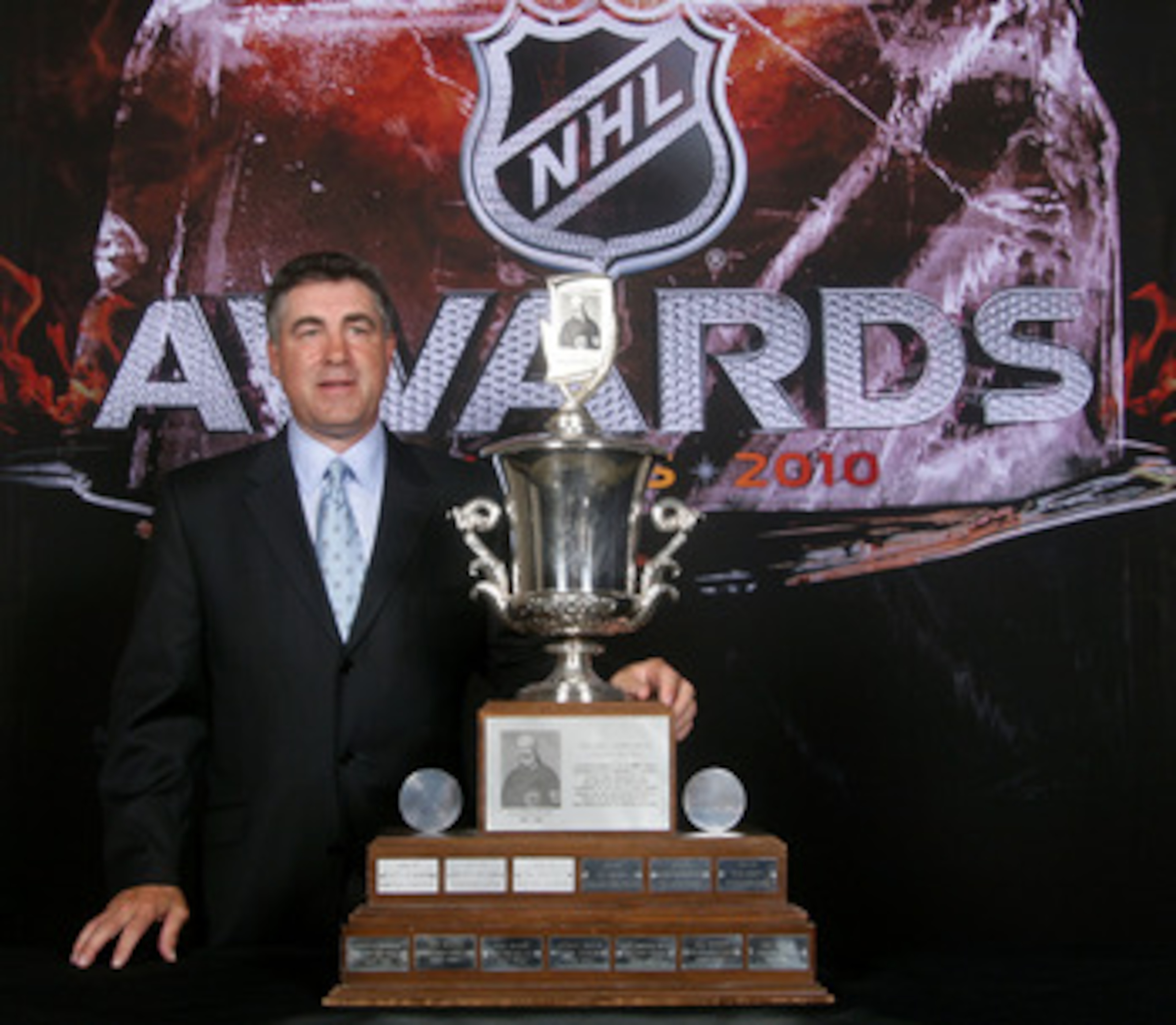 LAS VEGAS - JUNE 23:  Dave Tippett of the Phoenix Coyotes poses for a portrait with the Jack Adams Award during the 2010 NHL Awards at the Palms Casino Resort on June 23, 2010 in Las Vegas, Nevada.  (Photo by Chris Trotman/Getty Images)