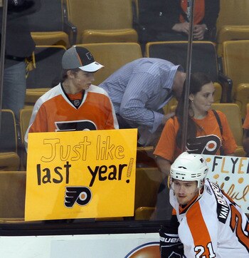 BOSTON, MA - MAY 06: James van Riemsdyk #21 of the Philadelphia Flyers skates in warmups prior to his game against the Boston Bruins in Game Four of the Eastern Conference Semifinals during the 2011 NHL Stanley Cup Playoffs at TD Garden on May 6, 2011 in