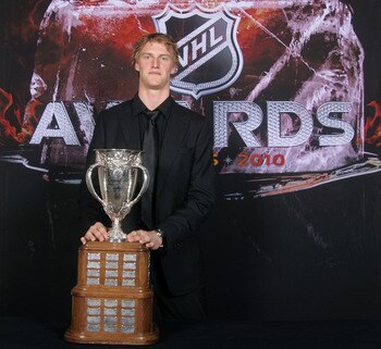 LAS VEGAS - JUNE 23:  Tyler Myers of the Buffalo Sabres poses with the Calder Trophy for a portrait during the 2010 NHL Awards at the Palms Casino Resort on June 23, 2010 in Las Vegas, Nevada.  (Photo by Chris Trotman/Getty Images)