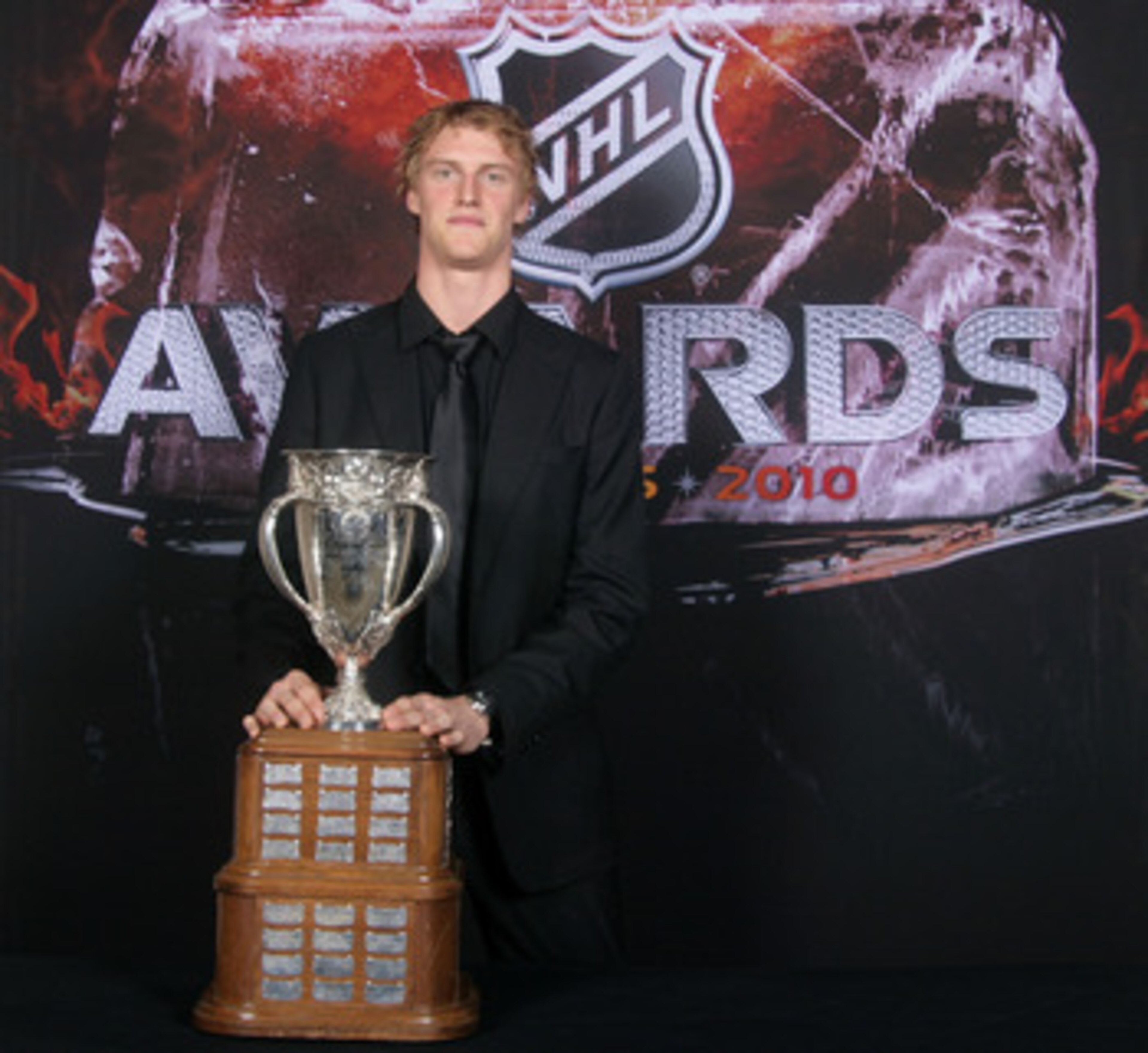 LAS VEGAS - JUNE 23:  Tyler Myers of the Buffalo Sabres poses with the Calder Trophy for a portrait during the 2010 NHL Awards at the Palms Casino Resort on June 23, 2010 in Las Vegas, Nevada.  (Photo by Chris Trotman/Getty Images)