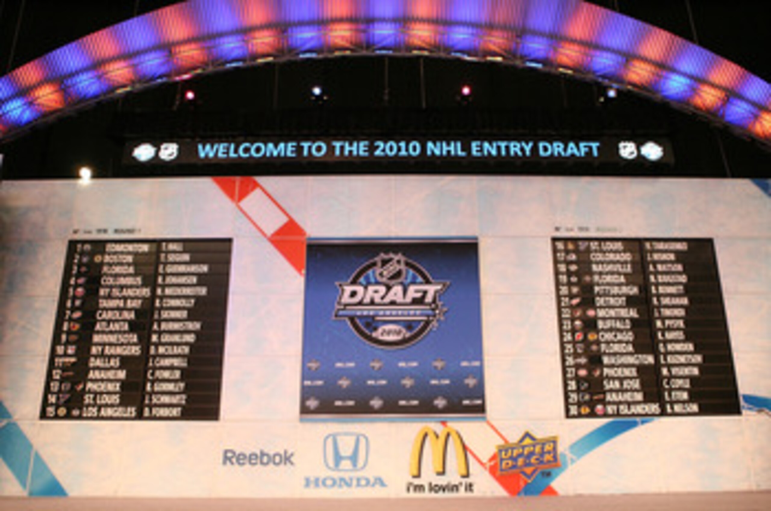 LOS ANGELES, CA - JUNE 25: The draft board following the first round during the 2010 NHL Entry Draft at Staples Center on June 25, 2010 in Los Angeles, California. (Photo by Bruce Bennett/Getty Images)