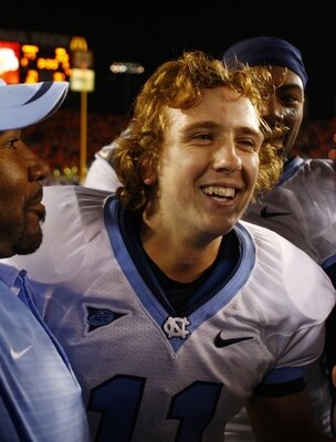 BLACKSBURG, VA - OCTOBER 29: Kicker Casey Barth #11 of the North Carolina Tar Heels smiles into cameras after making the game-winning field goal over the Virginia Tech University Hokies after the game at Lane Stadium on October 29, 2009 in Blacksburg, Vi BLACKSBURG, VA - OCTOBER 29: Kicker Casey Barth #11 of the North Carolina Tar Heels smiles into cameras after making the game-winning field goal over the Virginia Tech University Hokies after the game at Lane Stadium on October 29, 2009 in Blacksburg, Vi