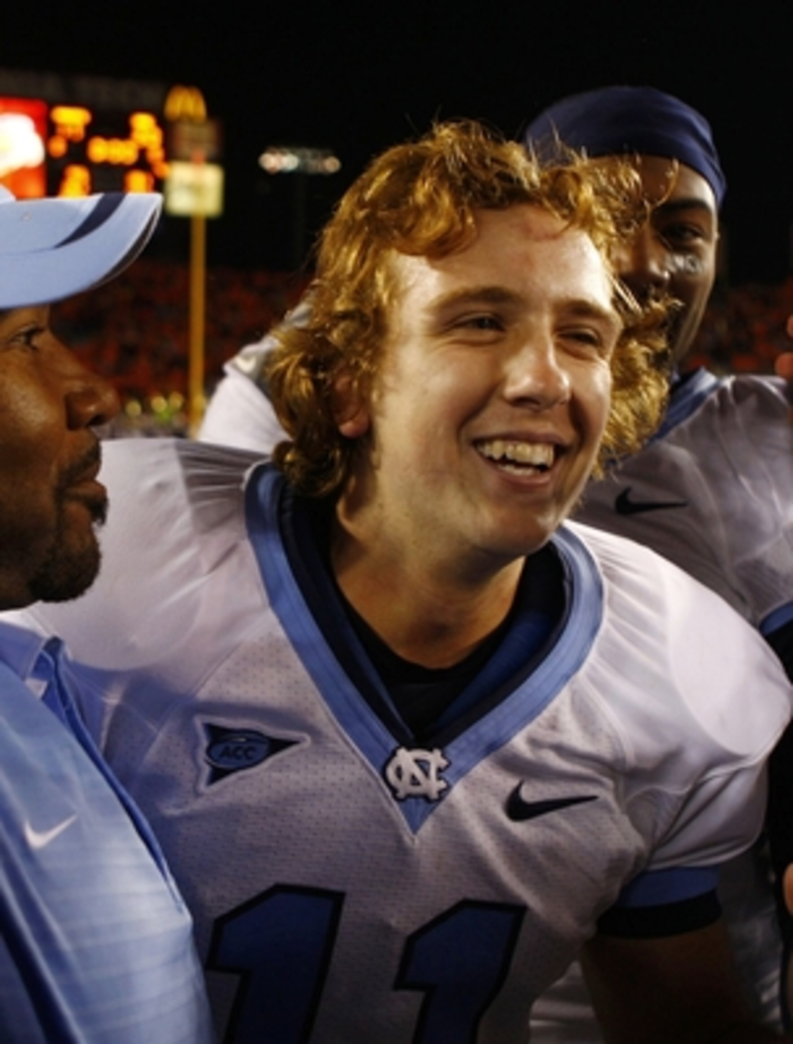 BLACKSBURG, VA - OCTOBER 29:  Kicker Casey Barth #11 of the North Carolina Tar Heels smiles into cameras after making the game-winning field goal over the Virginia Tech University Hokies after the game at Lane Stadium on October 29, 2009 in Blacksburg, Vi
