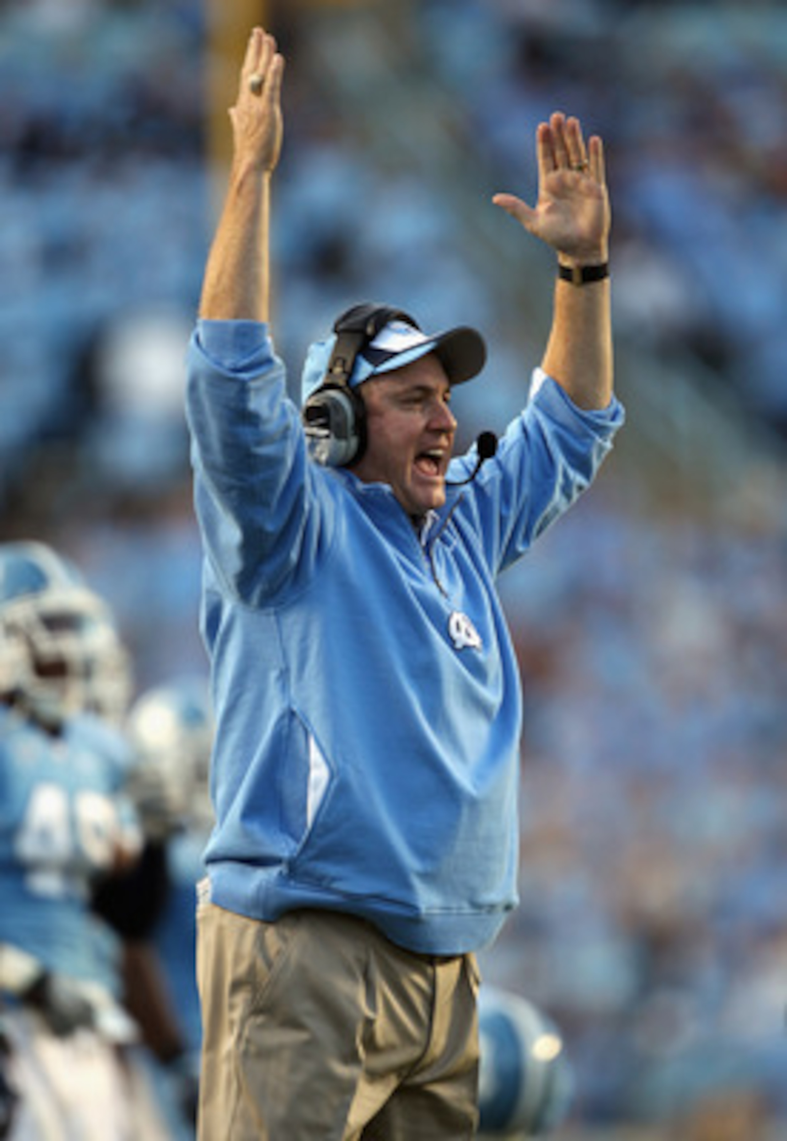 CHAPEL HILL, NC - NOVEMBER 13:  Head coach Butch Davis of the North Carolina Tar Heels reacts to a play against the Virginia Tech Hokies during their game at Kenan Stadium on November 13, 2010 in Chapel Hill, North Carolina.  (Photo by Streeter Lecka/Gett