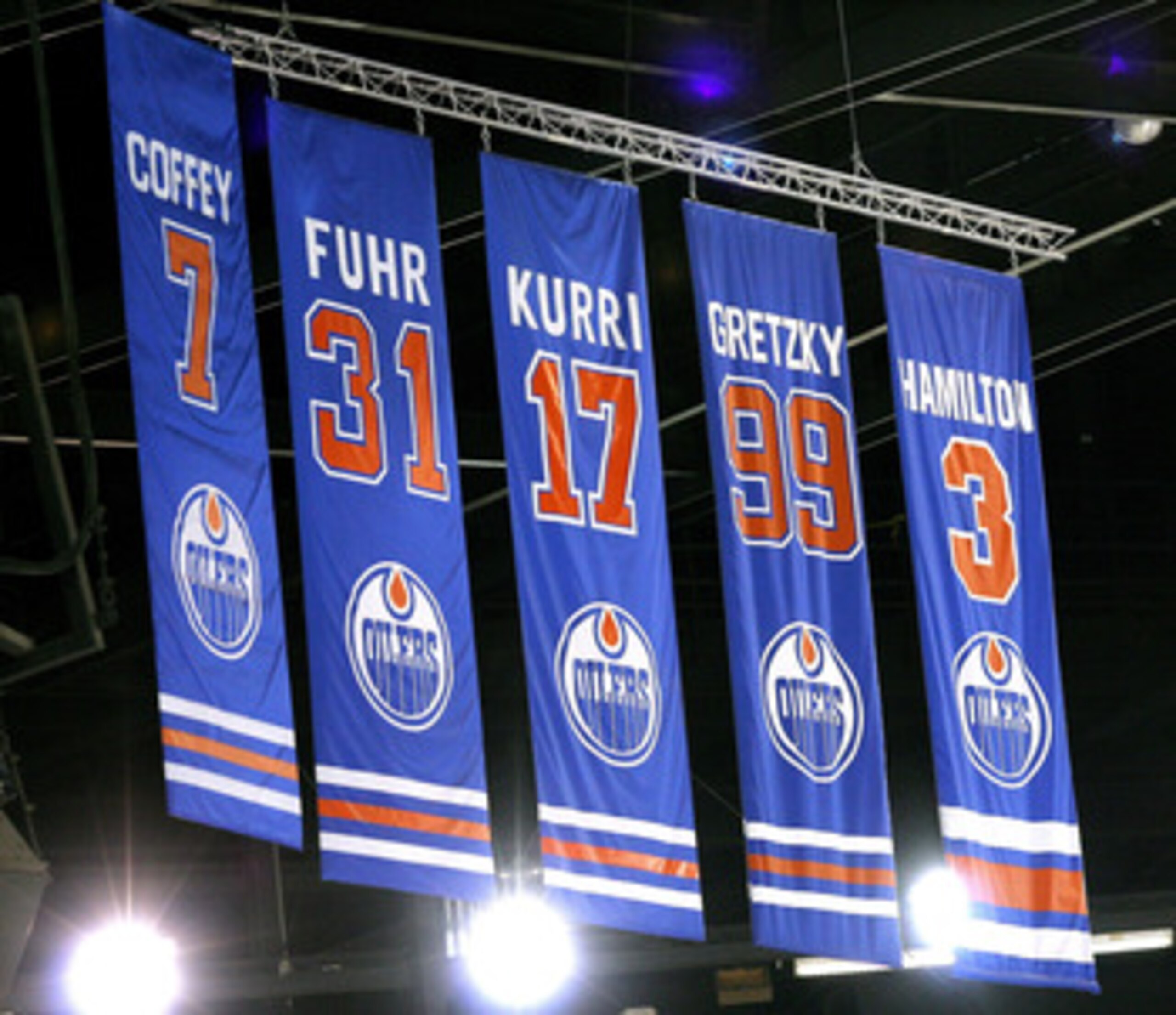 EDMONTON, CANADA - OCTOBER 18:  The number 7 Paul Coffey Retirement banner takes its place in the rafters beside those of Edmonton Oilers greats Grant Fuhr, Jari Kurri, Wayne Gretzky and Al Hamilton, during a special ceremony honouring Paul Coffey on Octo