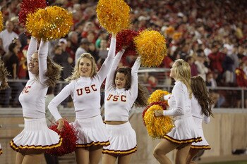 PALO ALTO, CA - OCTOBER 09:  The USC Trojan cheerleaders cheer for their team during their game against the Stanford Cardinal at Stanford Stadium on October 9, 2010 in Palo Alto, California.  (Photo by Ezra Shaw/Getty Images)