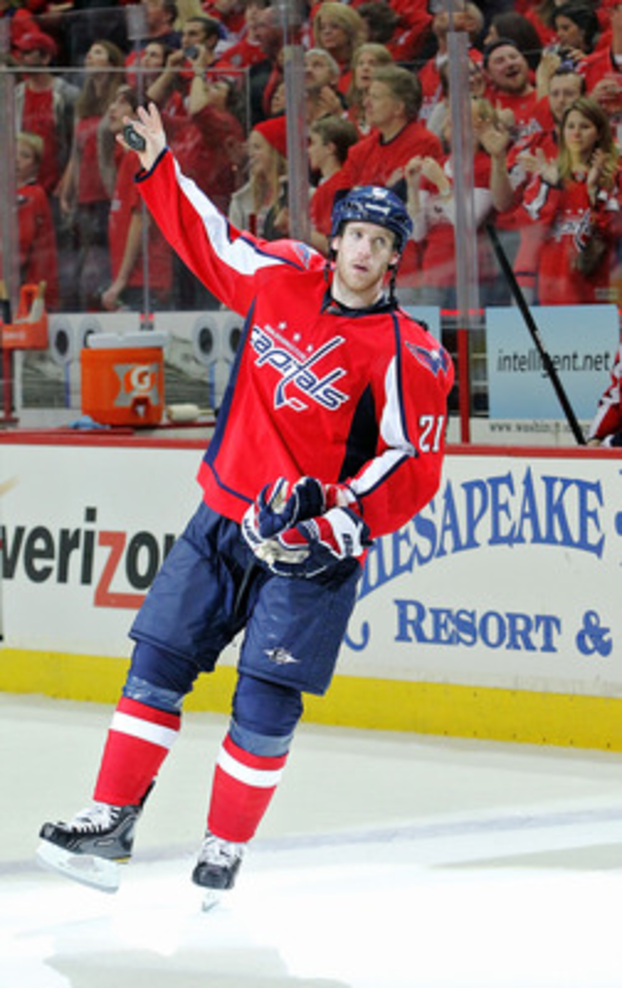 WASHINGTON , DC - APRIL 23:  Brooks Laich #21 of the Washington Capitals celebrates being named the third star of the game against the New York Rangers in Game Five of the Eastern Conference Quarterfinals during the 2011 NHL Stanley Cup Playoffs at the Ve