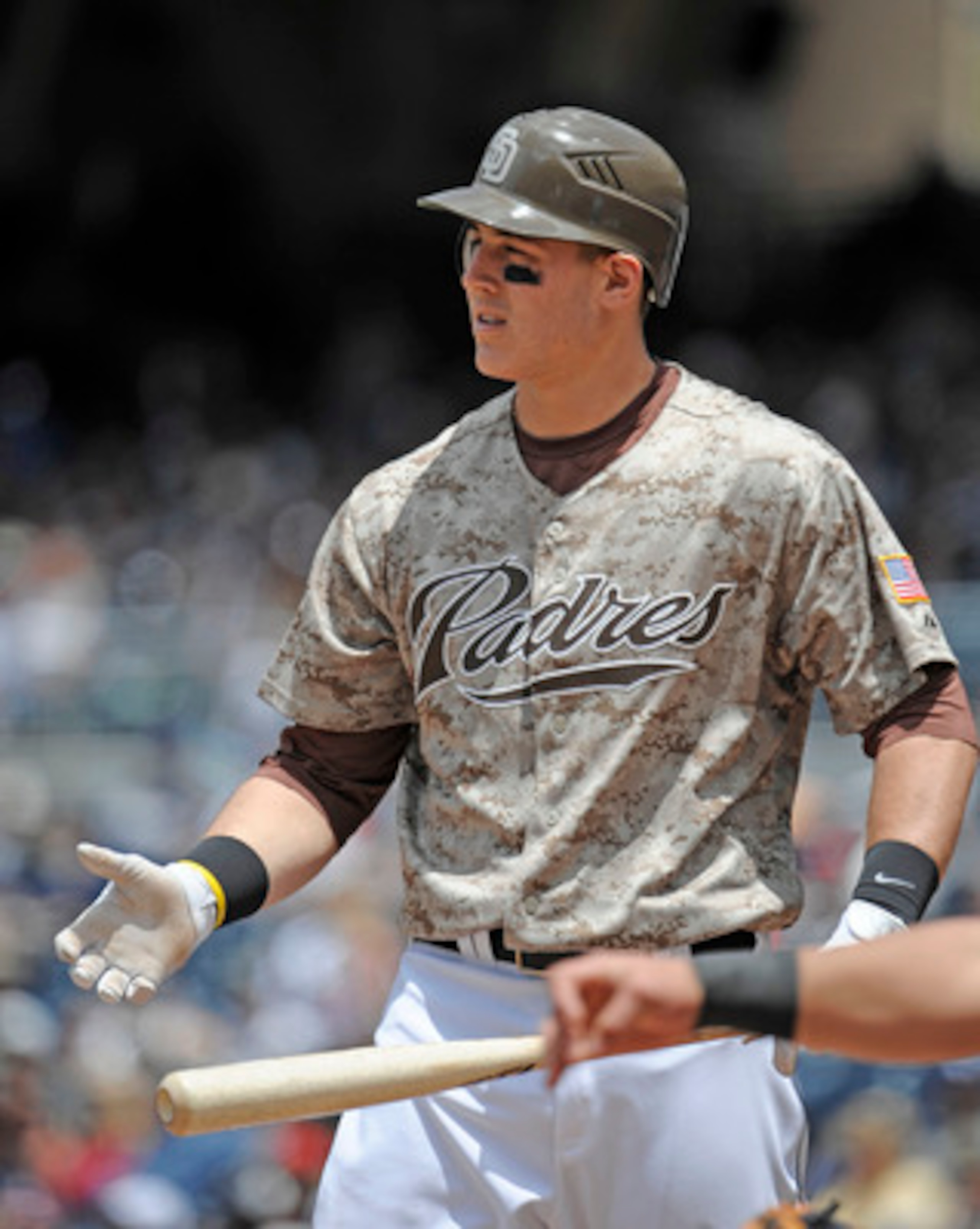SAN DIEGO, CA - JUNE 12: Anthony Rizzo #27 of the San Diego Padres reacts after a strike during the second inning of a baseball game against the Washington Nationals at Petco Park on June 12, 2011 in San Diego, California. Rizzo walked in the inning. The SAN DIEGO, CA - JUNE 12: Anthony Rizzo #27 of the San Diego Padres reacts after a strike during the second inning of a baseball game against the Washington Nationals at Petco Park on June 12, 2011 in San Diego, California. Rizzo walked in the inning. The