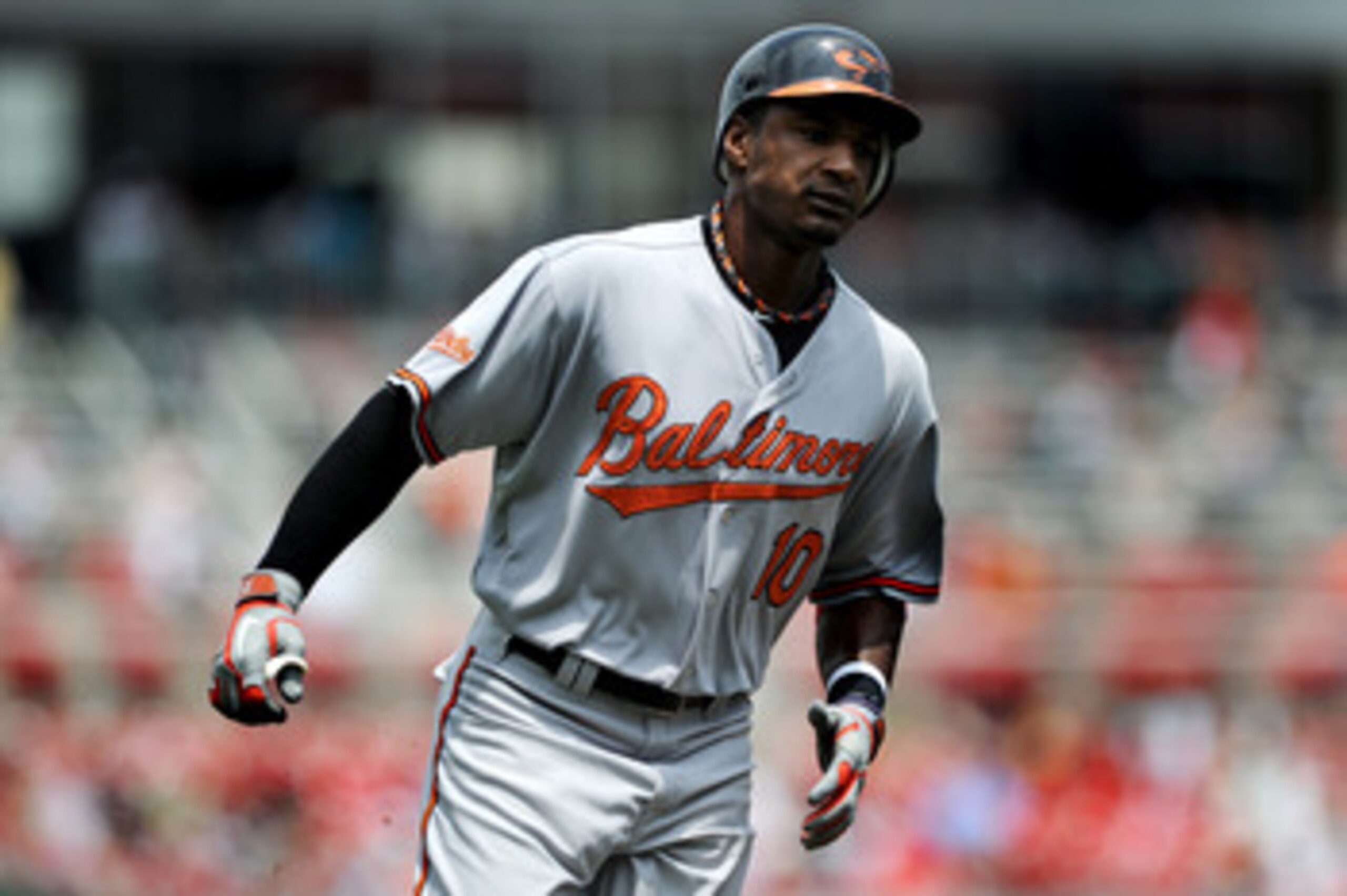 WASHINGTON, DC - JUNE 18: Adam Jones #10 of the Baltimore Orioles runs home after a solo home run against the Washington Nationals in the first inning at Nationals Park on June 18, 2011 in Washington, DC. (Photo by Patrick Smith/Getty Images)
