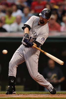 CLEVELAND, OH - JUNE 20:  Todd Helton #17 of the Colorado Rockies bats in the first inning against the Cleveland Indians at Progressive Field on June 20, 2011 in Cleveland, Ohio.  (Photo by Jamie Sabau/Getty Images)