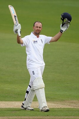 CARDIFF, WALES - MAY 29: Jonathan Trott of England celebrates reaching his double century during day four of the 1st npower test match between England and Sri Lanka at the Swalec Stadium on May 29, 2011 in Cardiff, Wales.  (Photo by Michael Steele/Getty I