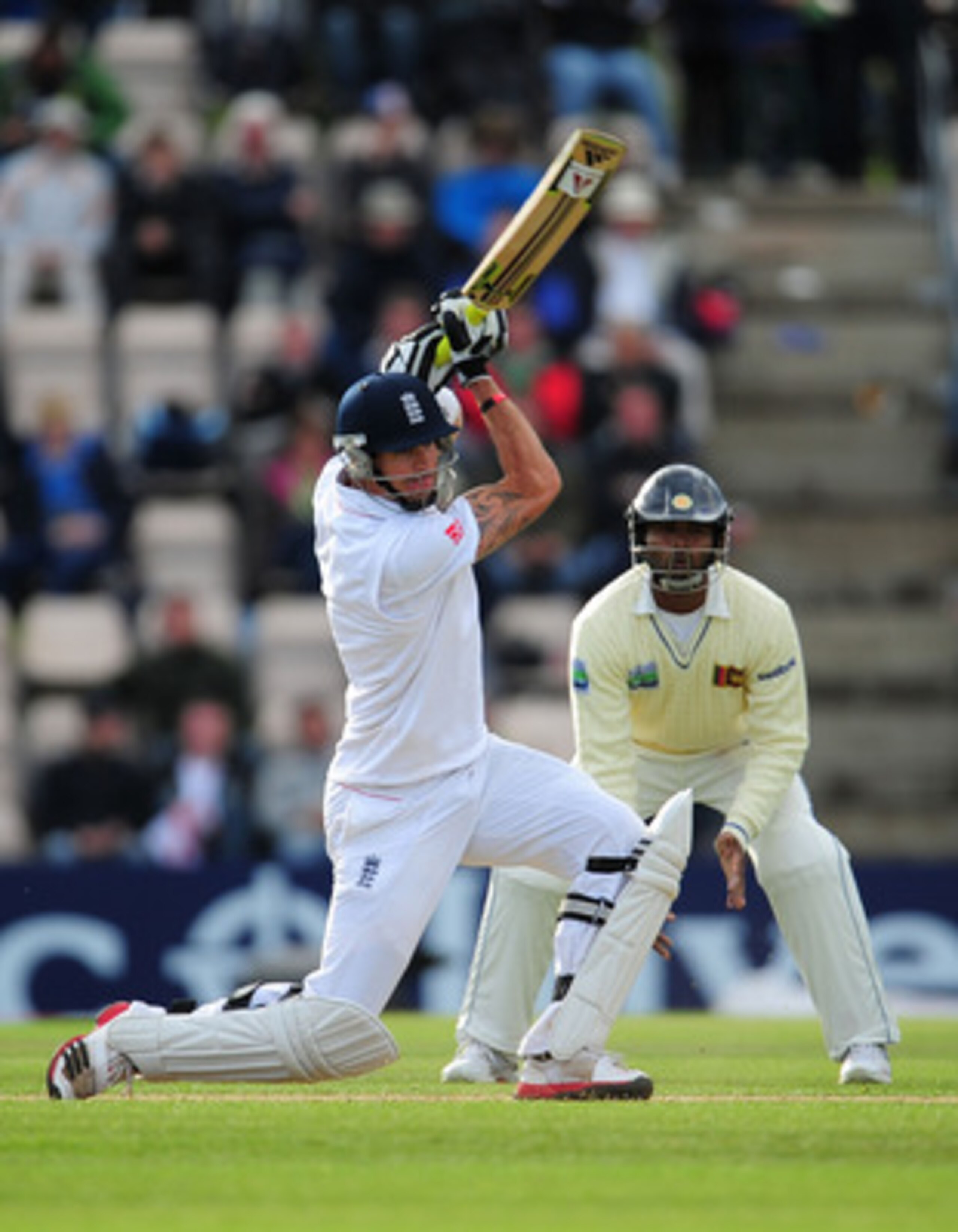 SOUTHAMPTON, ENGLAND - JUNE 18:  Kevin Pietersen of England picks up some runs watched by Tharanga Paranavitana of Sri Lanka during day three of the 3rd npower Test Match between England and Sri Lanka at the Rose Bowl June 18, 2011 in Southampton, England