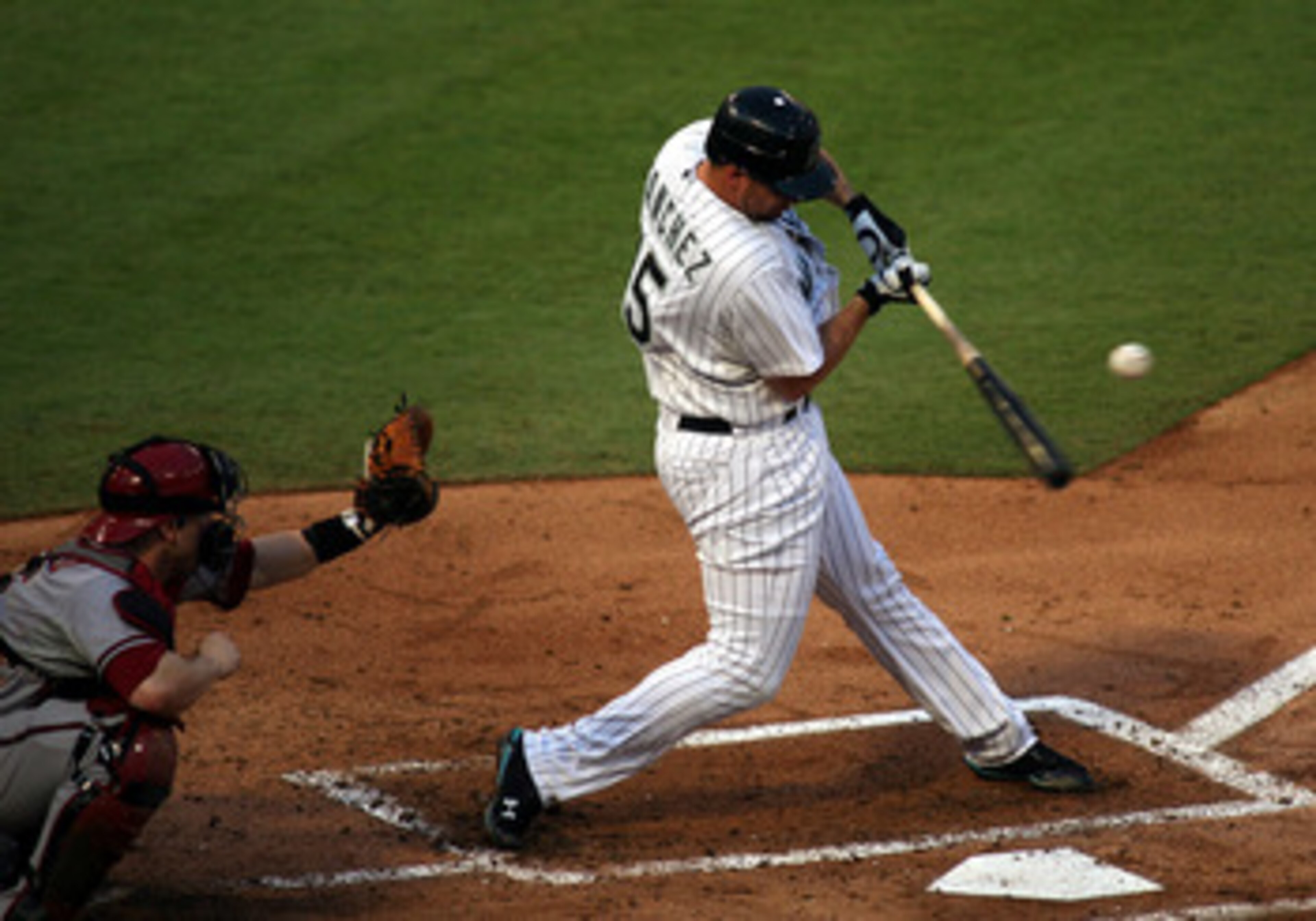 MIAMI GARDENS, FL - JUNE 13:  First baseman Gaby Sanchez #15 gets a hit against the Arizona Diamondbacks at Sun Life Stadium on June 13, 2011 in Miami Gardens, Florida.  (Photo by Marc Serota/Getty Images)