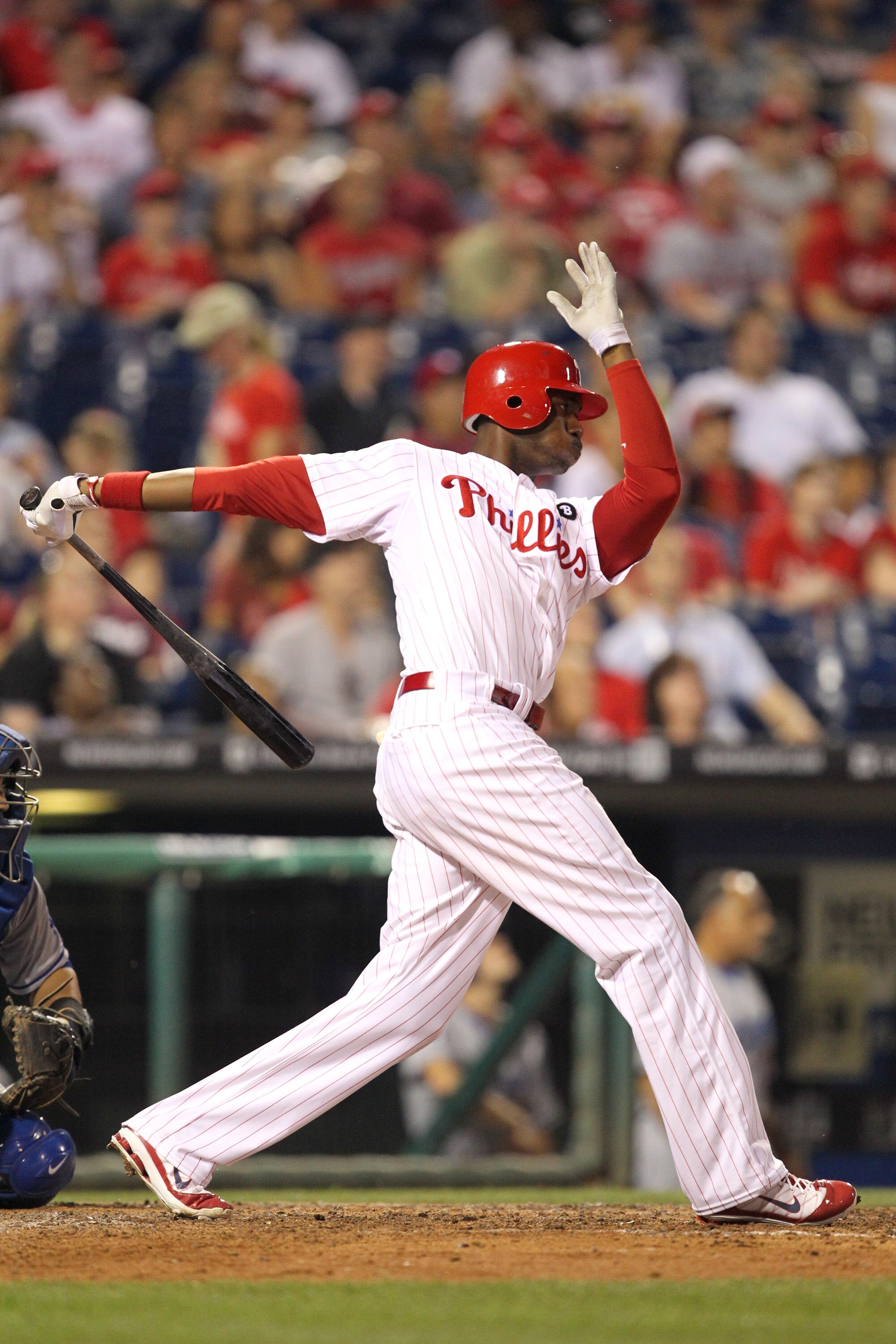 PHILADELPHIA - JUNE 7: Right fielder Domonic Brown #9 of the Philadelphia Phillies bats during a game against the Los Angeles Dodgers at Citizens Bank Park on June 7, 2011 in Philadelphia, Pennsylvania. The Dodgers won 6-2. (Photo by Hunter Martin/Getty I