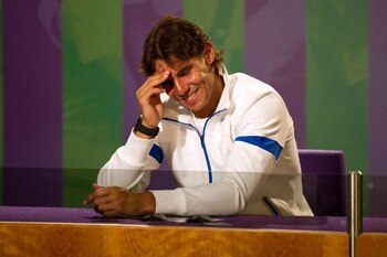 WIMBLEDON, ENGLAND - JUNE 19:  Rafael Nadal of Spain talks to the media at the All England Lawn Tennis and Croquet Club ahead of the Wimbledon Lawn Tennis Championships on June 19, 2011 in London, England. The Championships, which are celebrating their 12