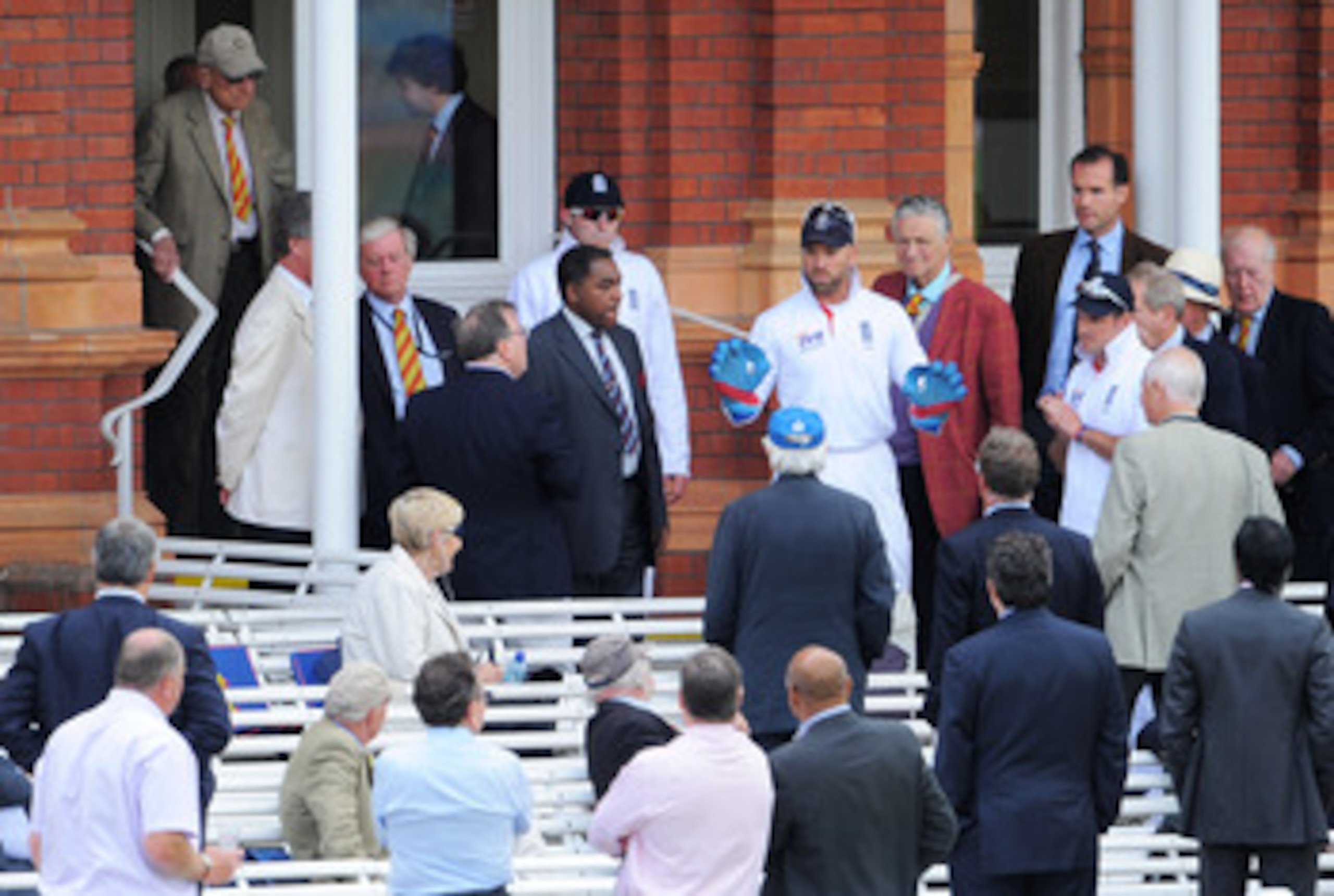 LONDON, ENGLAND - JUNE 07: Matt Prior of England talks to MCC members after a window was broken during day five of the 2nd npower Test Match between England and Sri Lanka at Lord's Cricket Ground on June 7, 2011 in London, England.  (Photo by Mike Hewitt/