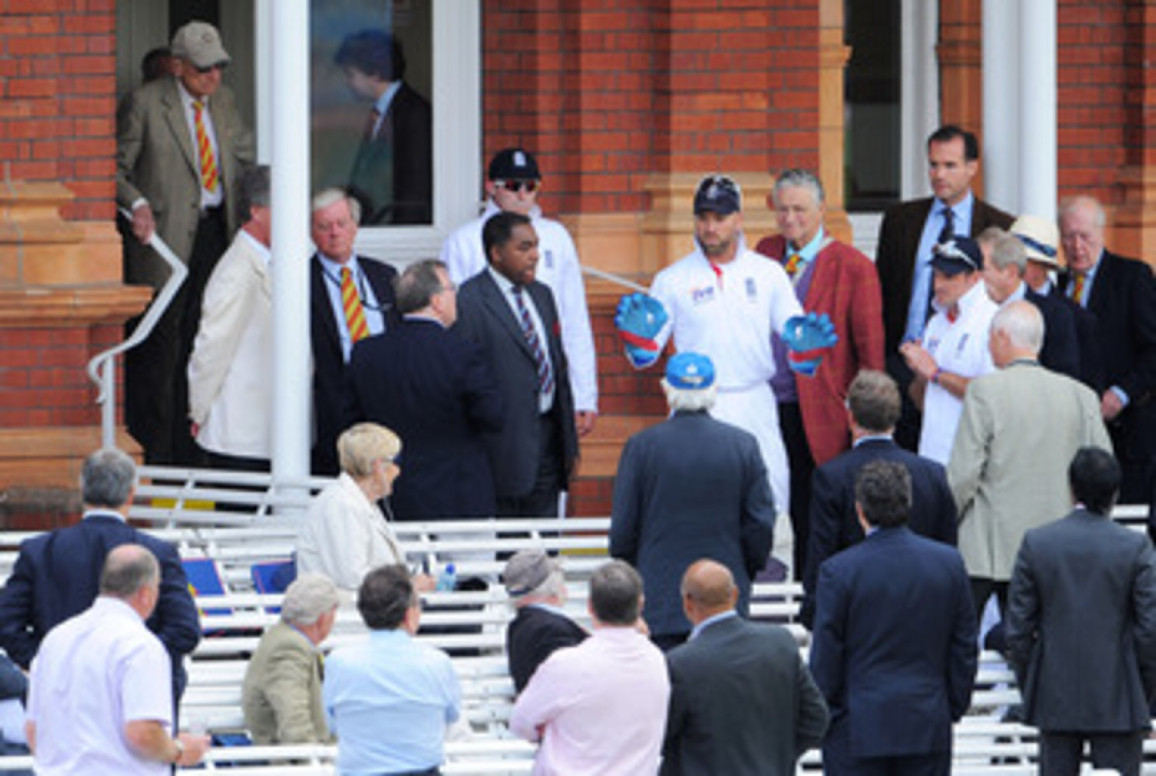 LONDON, ENGLAND - JUNE 07: Matt Prior of England talks to MCC members after a window was broken during day five of the 2nd npower Test Match between England and Sri Lanka at Lord's Cricket Ground on June 7, 2011 in London, England.  (Photo by Mike Hewitt/