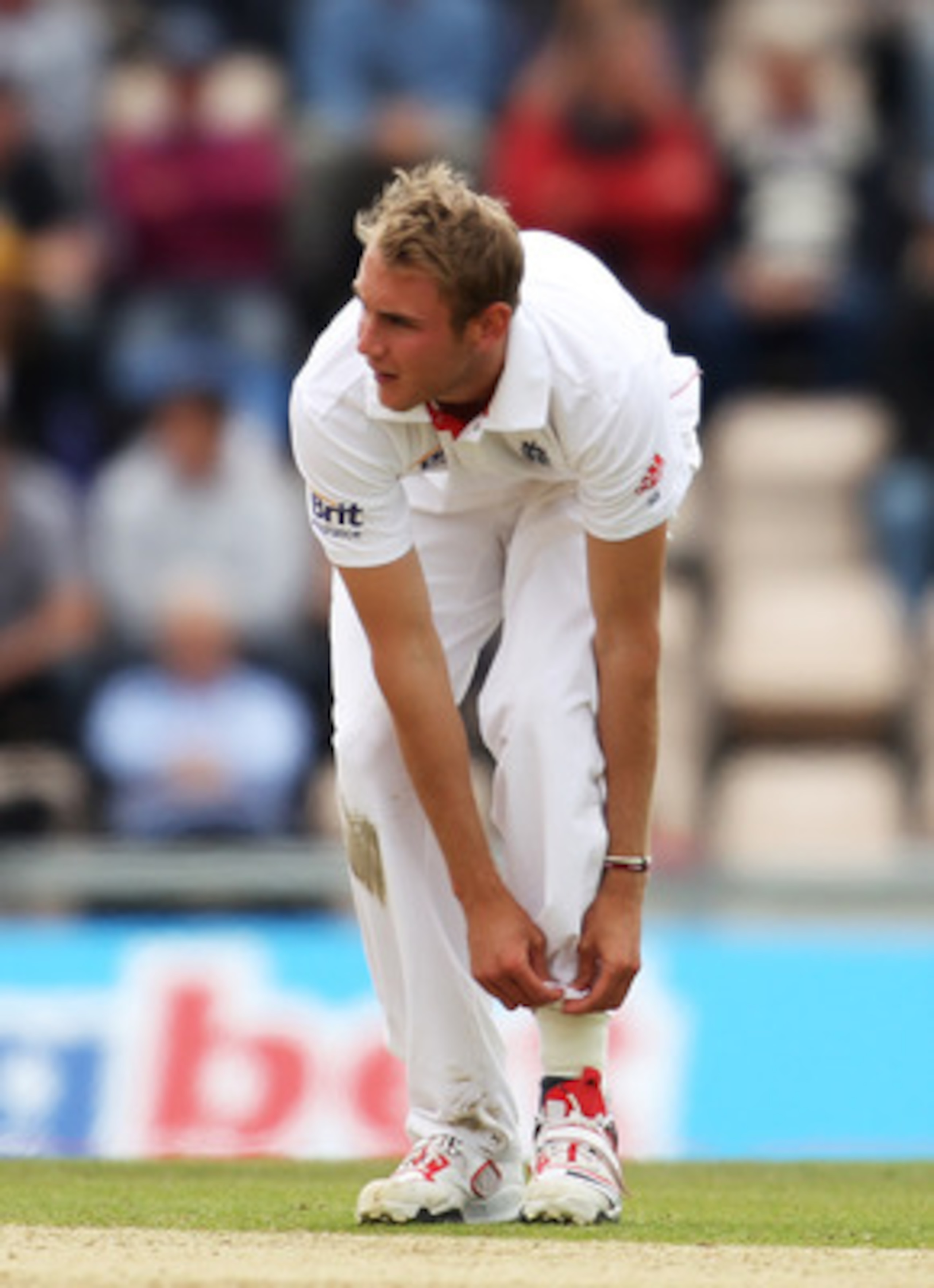 SOUTHAMPTON, ENGLAND - JUNE 20: Stuart Broad of England adjusts his trousers during day five of the 3rd npower Test Match between England and Sri Lanka at the Rose Bowl on June 20, 2011 in Southampton, England.  (Photo by Bryn Lennon/Getty Images)