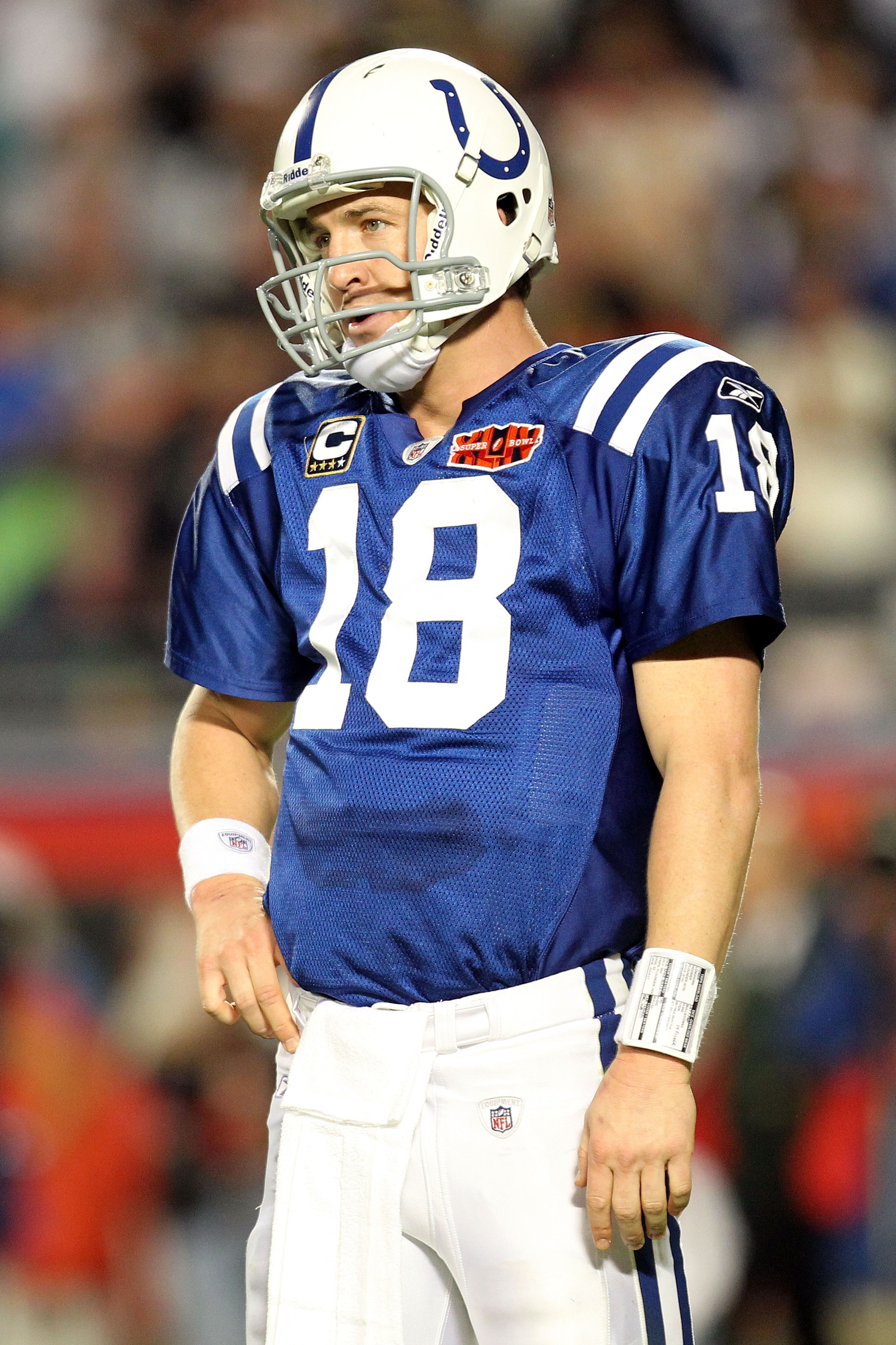 MIAMI GARDENS, FL - FEBRUARY 07:  Peyton Manning #18 of the Indianapolis Colts reacts as he walks off the field against the New Orleans Saints during Super Bowl XLIV on February 7, 2010 at Sun Life Stadium in Miami Gardens, Florida.  (Photo by Ronald Mart