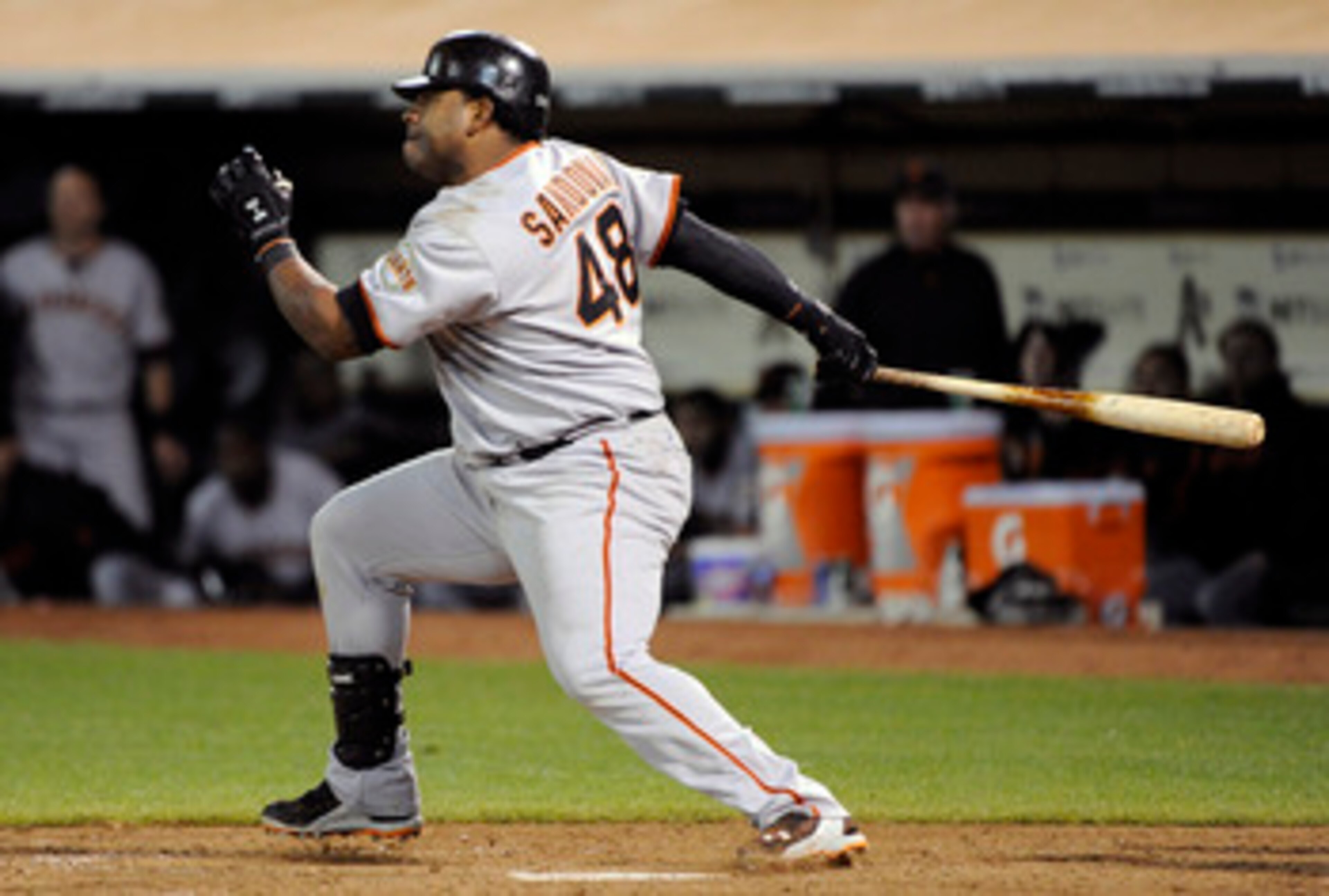 OAKLAND, CA -  JUNE 18: Pablo Sandoval #48 of the San Francisco Giants hits into a double play in the top of the ninth inning against the Oakland Athletics during a MLB baseball game June 18, 2011 at the Oakland-Alameda County Coliseum in Oakland, Califor