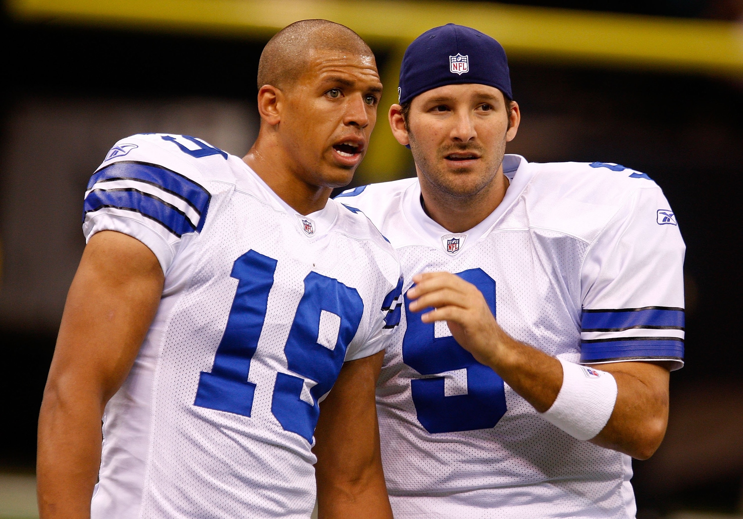 NEW ORLEANS - DECEMBER 19:  Tony Romo #9 of the Dallas Cowboys is seen on the field alongside Miles Austin #19 prior to the start of the game against the New Orleans Saints at the Louisiana Superdome on December 19, 2009 in New Oleans, Louisiana.  (Photo