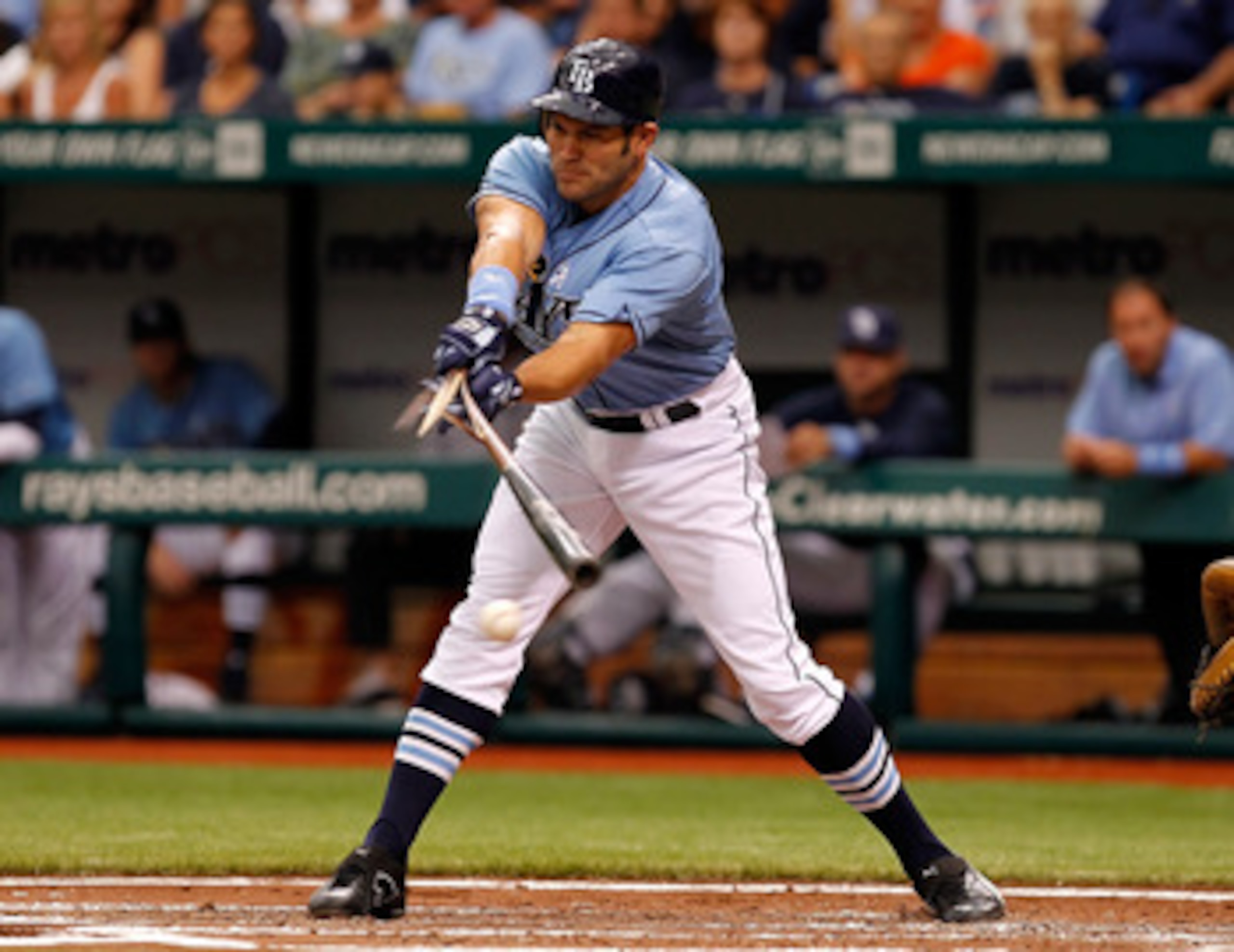 ST. PETERSBURG, FL - JUNE 19:  Designated hitter Johnny Damon #22 of the Tampa Bay Rays breaks his bat against the Florida Marlins during the game at Tropicana Field on June 19, 2011 in St. Petersburg, Florida.  (Photo by J. Meric/Getty Images)