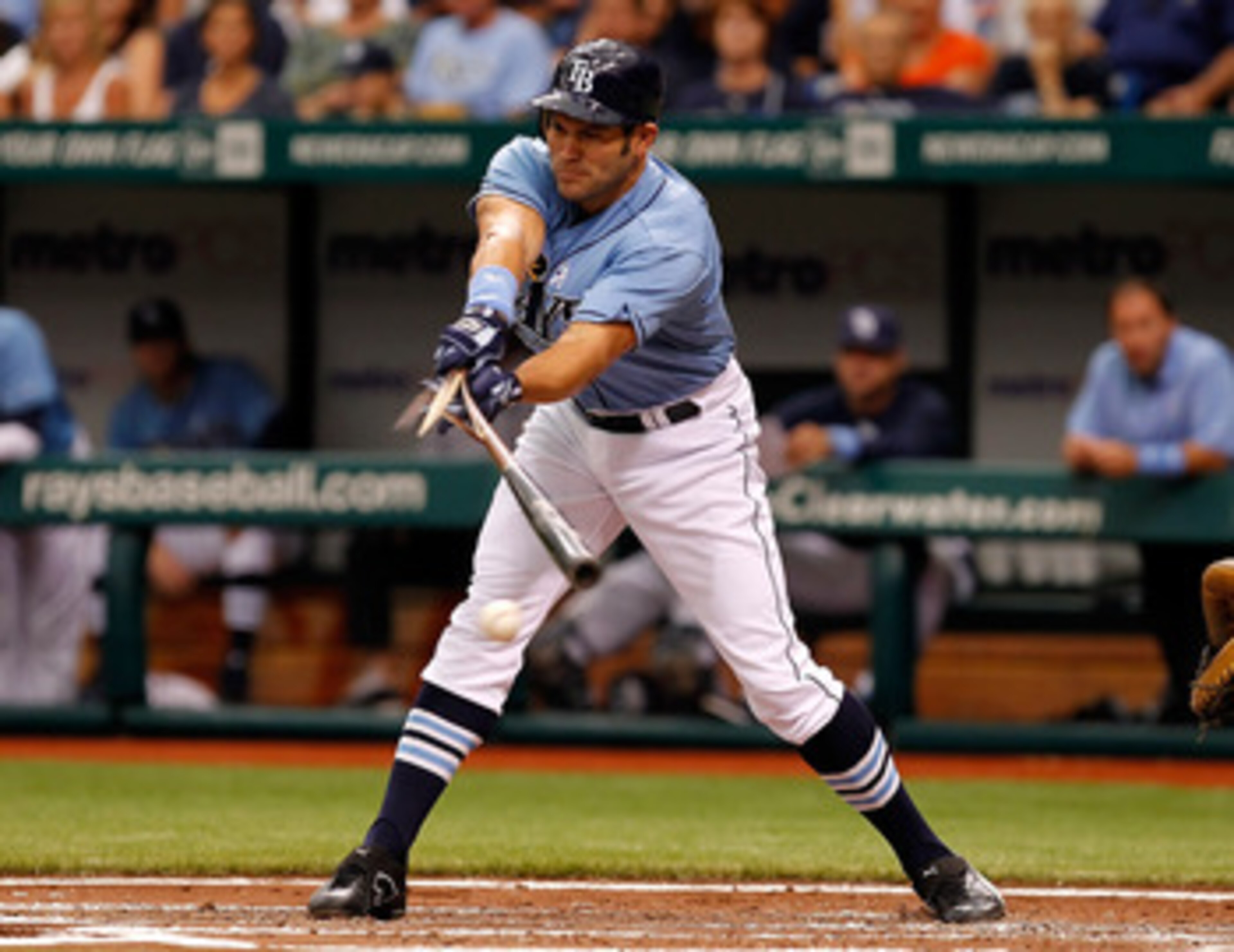 ST. PETERSBURG, FL - JUNE 19:  Designated hitter Johnny Damon #22 of the Tampa Bay Rays breaks his bat against the Florida Marlins during the game at Tropicana Field on June 19, 2011 in St. Petersburg, Florida.  (Photo by J. Meric/Getty Images)