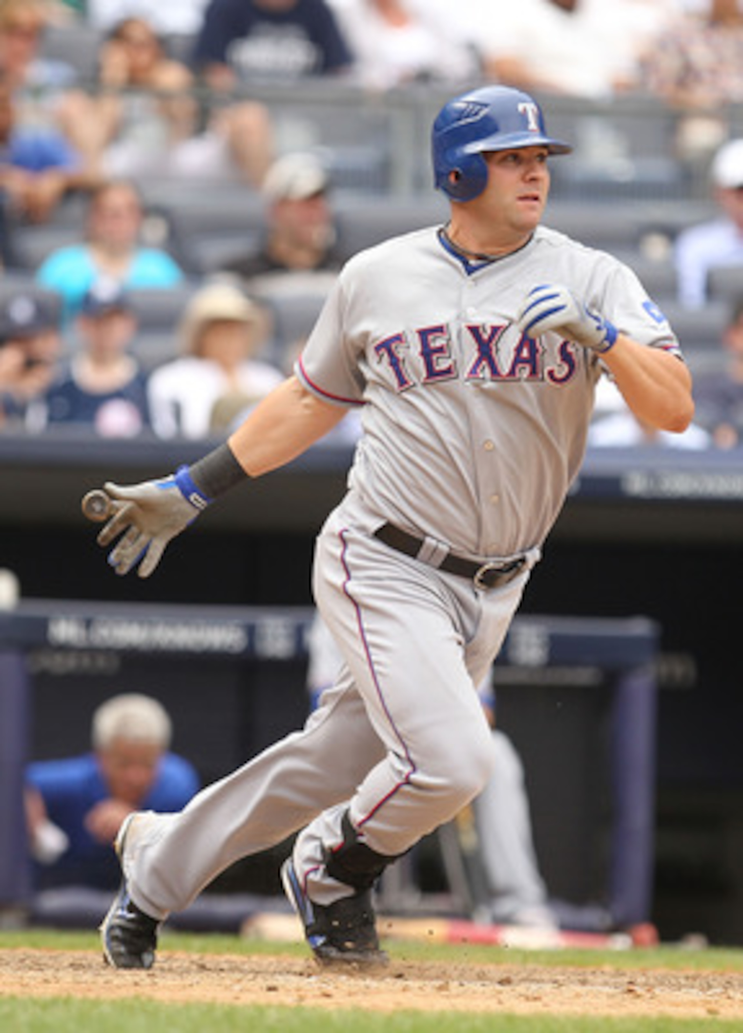 NEW YORK, NY - JUNE 16:  Mitch Moreland #18 of the Texas Rangers in action against the New York Yankees during their game on June 16, 2011 at Yankee Stadium in the Bronx borough of New York City.  (Photo by Al Bello/Getty Images)