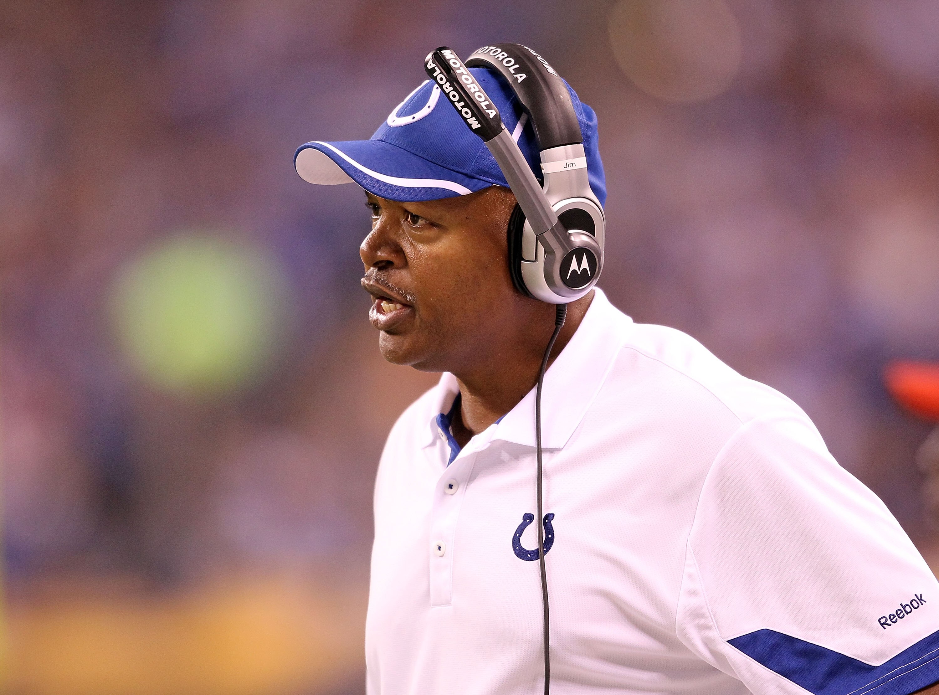 INDIANAPOLIS - NOVEMBER 01: Jim Caldwell the Head Coach of Indianapolis Colts gives instructions to his team during the NFL game against the Houston Texans  at Lucas Oil Stadium on November 1, 2010 in Indianapolis, Indiana.  (Photo by Andy Lyons/Getty Ima