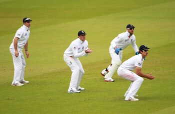 LONDON, ENGLAND - JUNE 06:  (L-R) Andrew Strauss, Graeme Swann, wicketkeeper Matt Prior and Alastair Cook of England field in the slip cordon during day four of the 2nd npower Test Match between England and Sri Lanka at Lord's Cricket Ground on June 6, 20