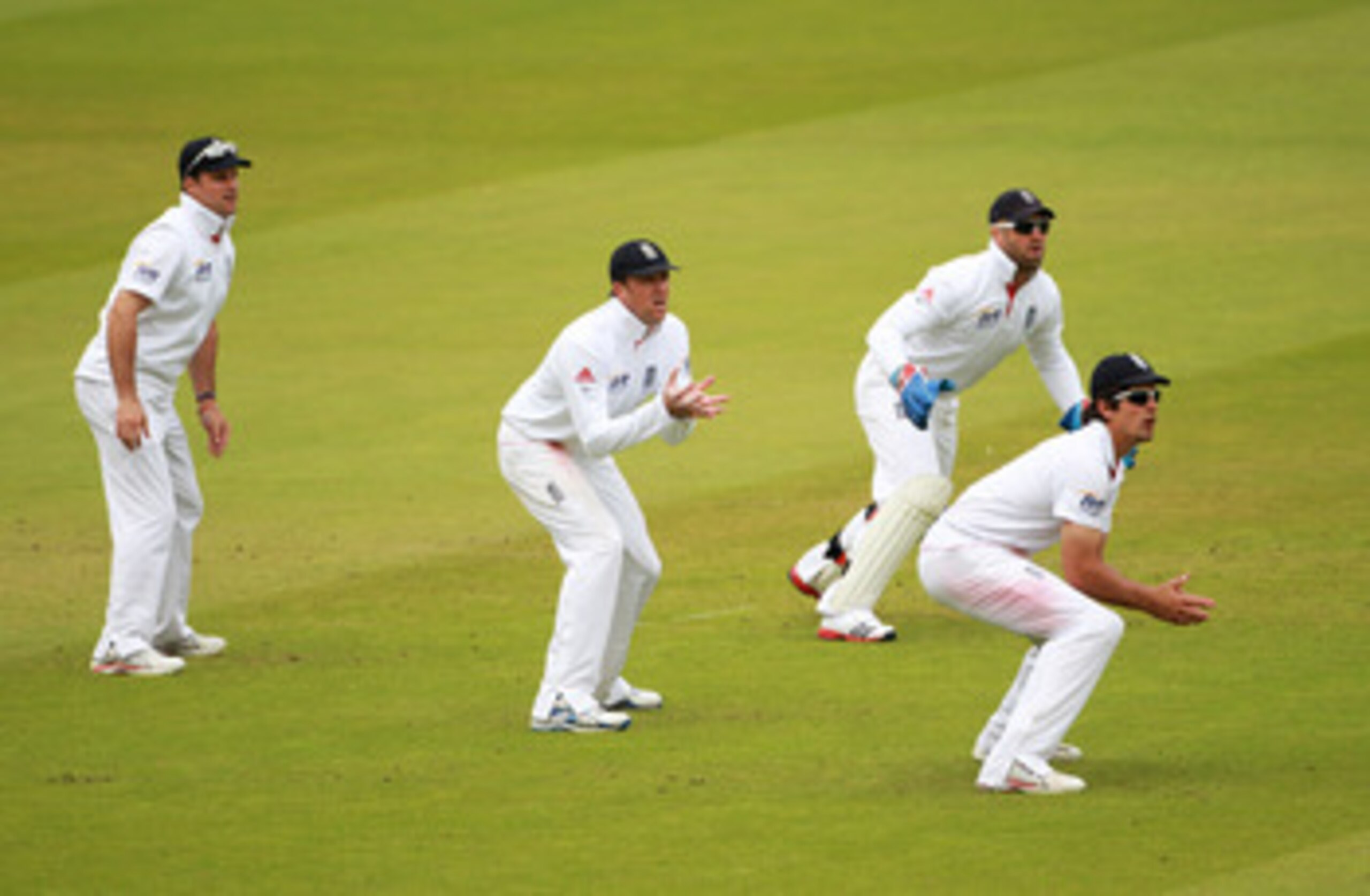 LONDON, ENGLAND - JUNE 06:  (L-R) Andrew Strauss, Graeme Swann, wicketkeeper Matt Prior and Alastair Cook of England field in the slip cordon during day four of the 2nd npower Test Match between England and Sri Lanka at Lord's Cricket Ground on June 6, 20