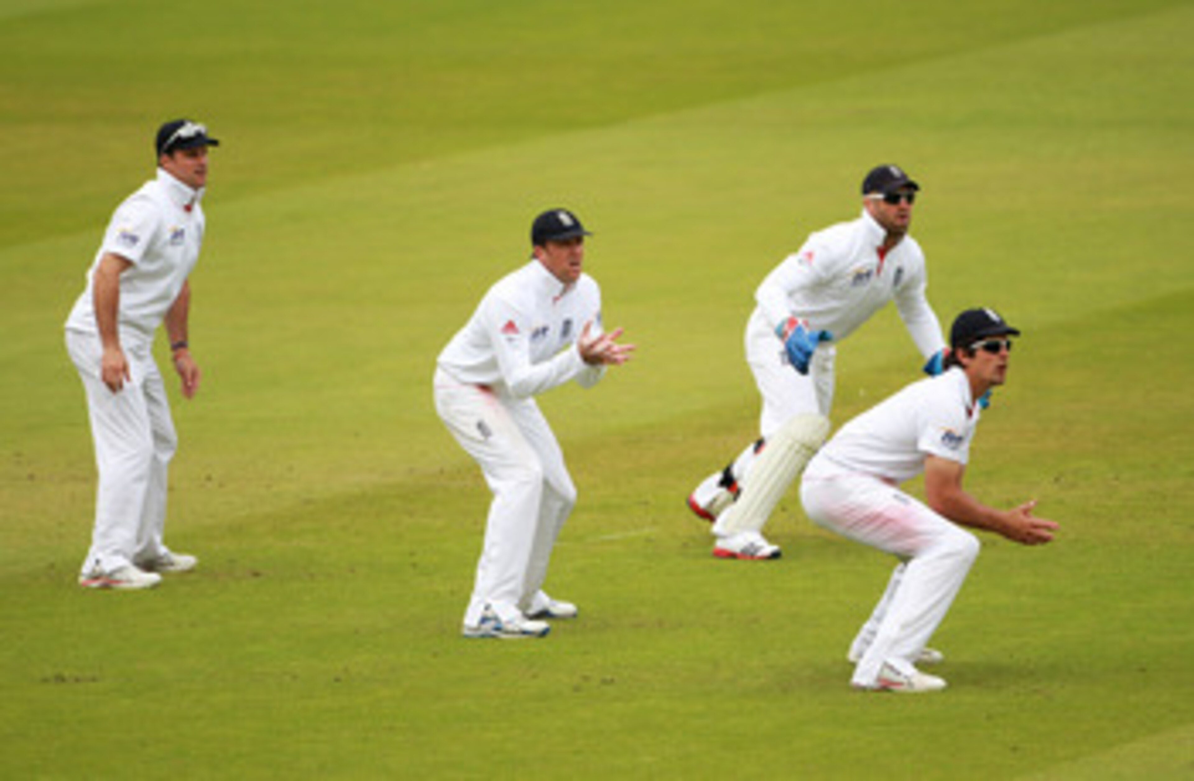 LONDON, ENGLAND - JUNE 06:  (L-R) Andrew Strauss, Graeme Swann, wicketkeeper Matt Prior and Alastair Cook of England field in the slip cordon during day four of the 2nd npower Test Match between England and Sri Lanka at Lord's Cricket Ground on June 6, 20
