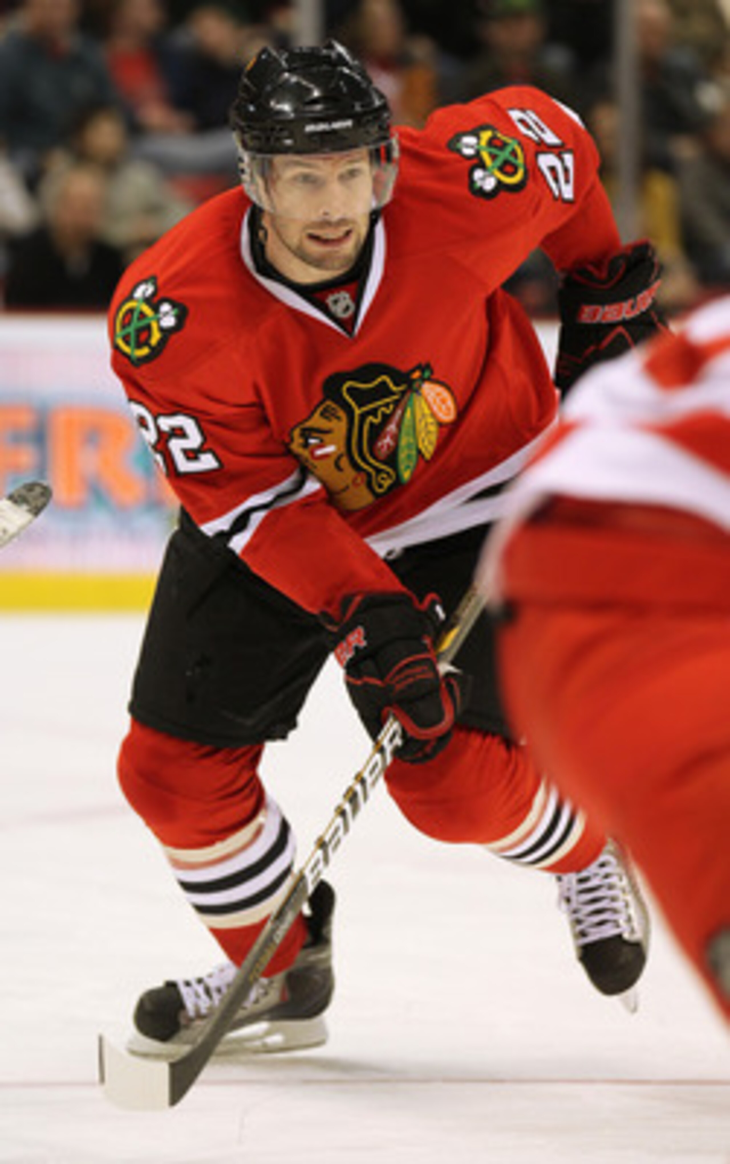 DETROIT, MI - JANUARY 22:  Troy Brouwer #22 of the Chicago Black Hawks skates in a game against the Detroit Red Wings on January 22, 2011 at the Joe Louis Arena in Detroit, Michigan. The Hawks defeated the Wings 4-1. (Photo by Claus Andersen/Getty Images)