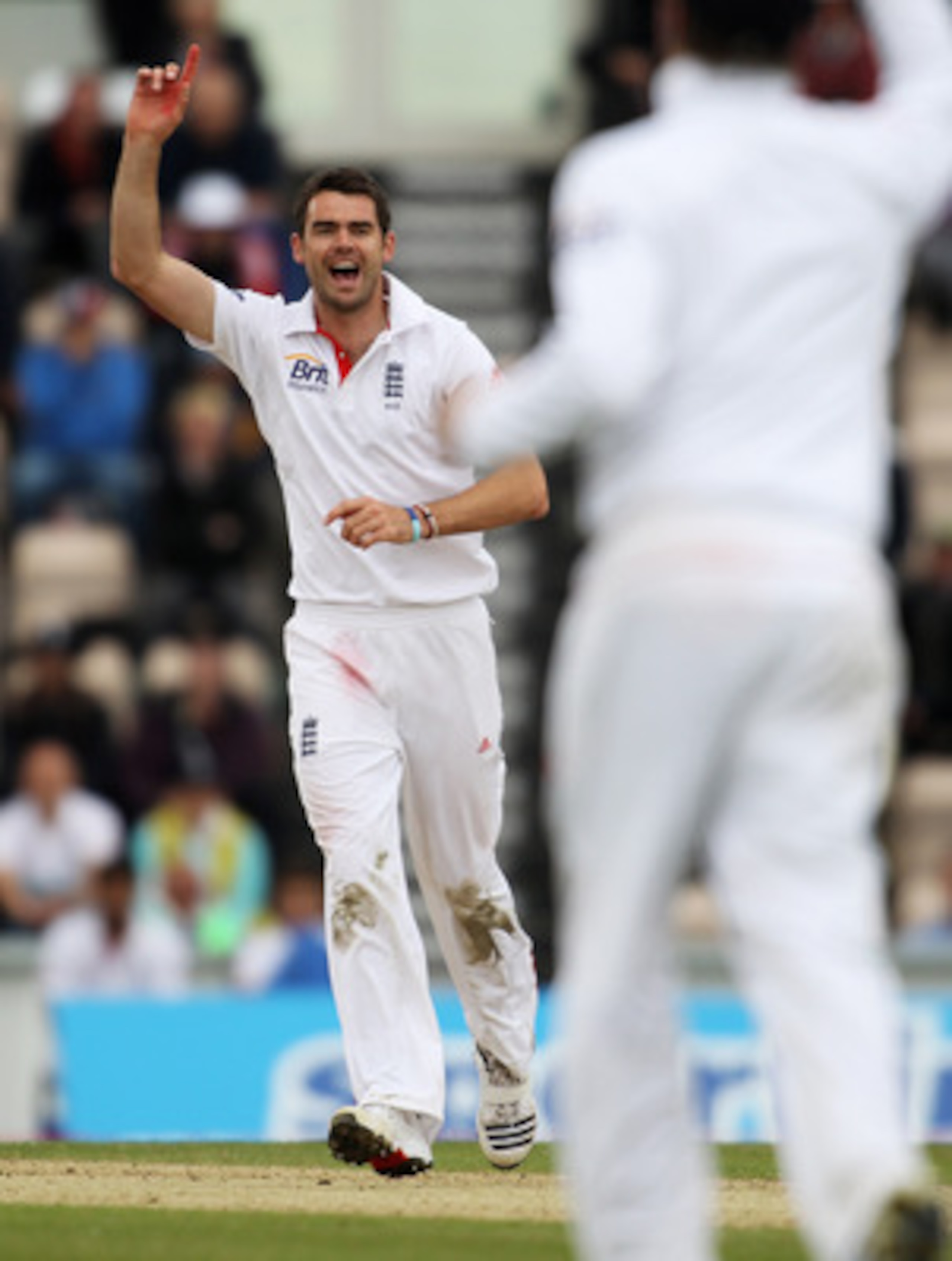 SOUTHAMPTON, ENGLAND - JUNE 20:  James Anderson of England celebrates the wicket of Kumar Sangakkara of Sri Lanka during day five of the 3rd npower Test Match between England and Sri Lanka at the Rose Bowl on June 20, 2011 in Southampton, England.  (Photo