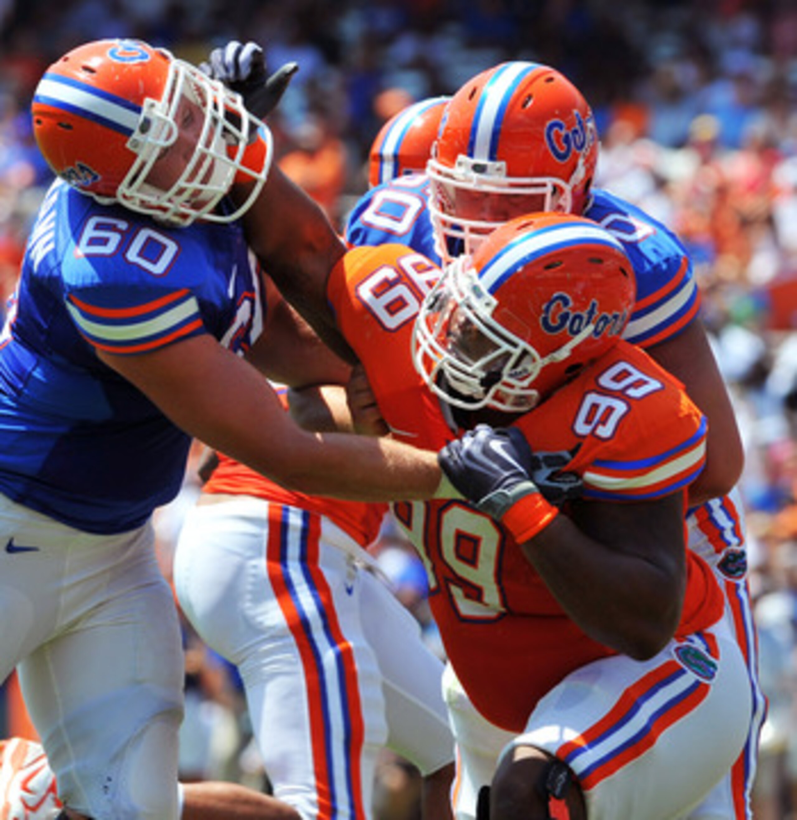 GAINESVILLE, FL - APRIL 9:  Tackle William Steinmann #60 of the Florida Gators blocks nose tackle Omar Hunter #99 during the Orange and Blue spring football game April 9, 2010 Ben Hill Griffin Stadium in Gainesville, Florida.  (Photo by Al Messerschmidt/G