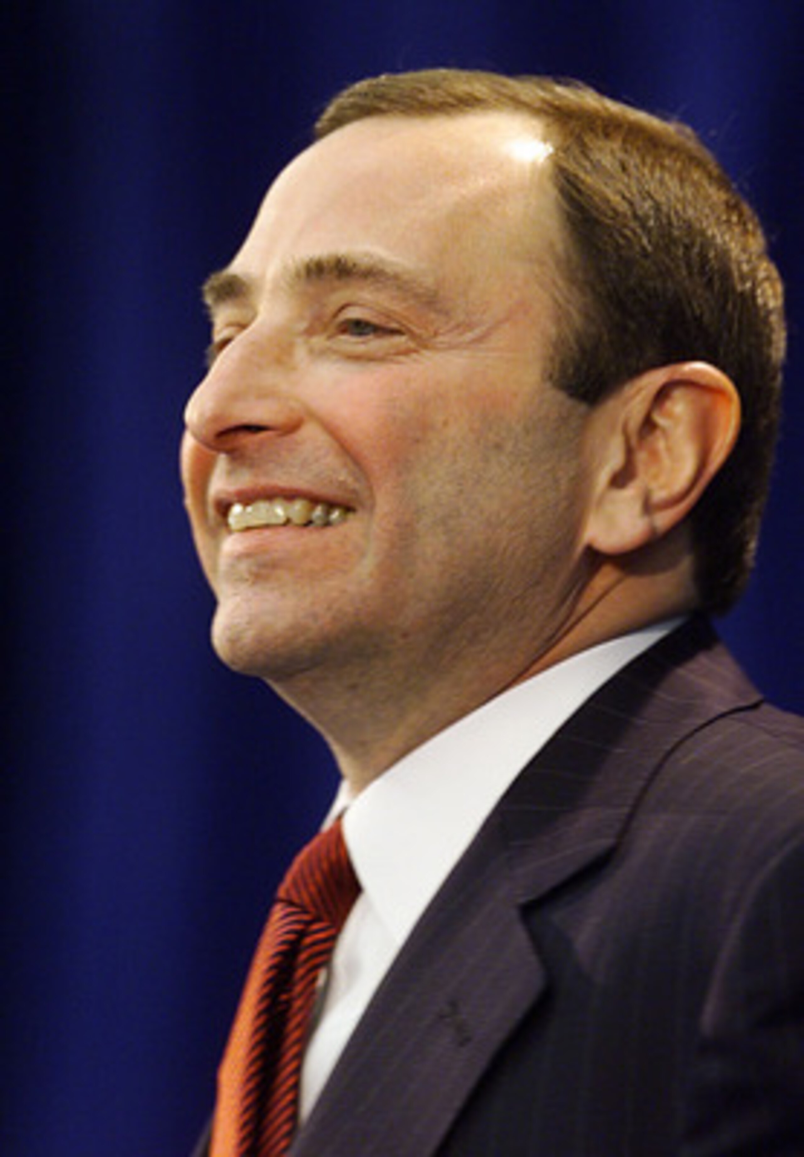 3 Feb 2001:  Commissioner Gary Bettman smiles at a question from the media during a press conference before the NHL All-Star Game at the Pepsi Center in Denver, Colorado.   DIGITAL IMAGE Mandatory Credit: Brian Bahr/ALLSPORT